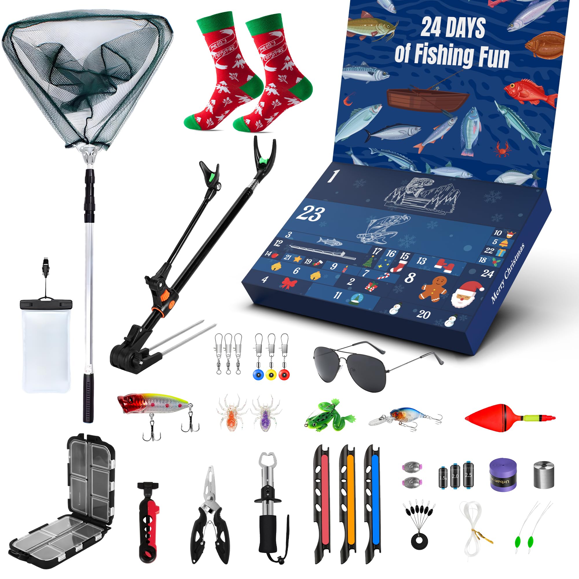 Fishing Advent Calendar Christmas 2025-24 Days Countdown to Christmas Calendar with Fishing Rod Holder, Fish Lip Gripper, Hook T