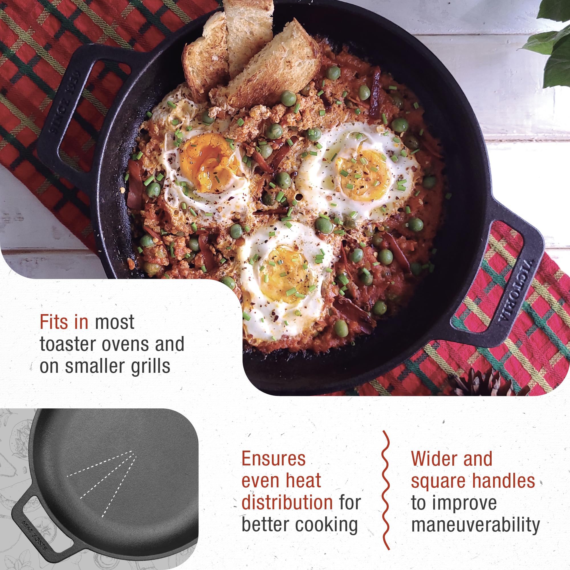 Victoria Cast Iron Round Skillet, 10 Inch, Black, Model SKL-310, Made in Colombia, Durable Double Loop Handles