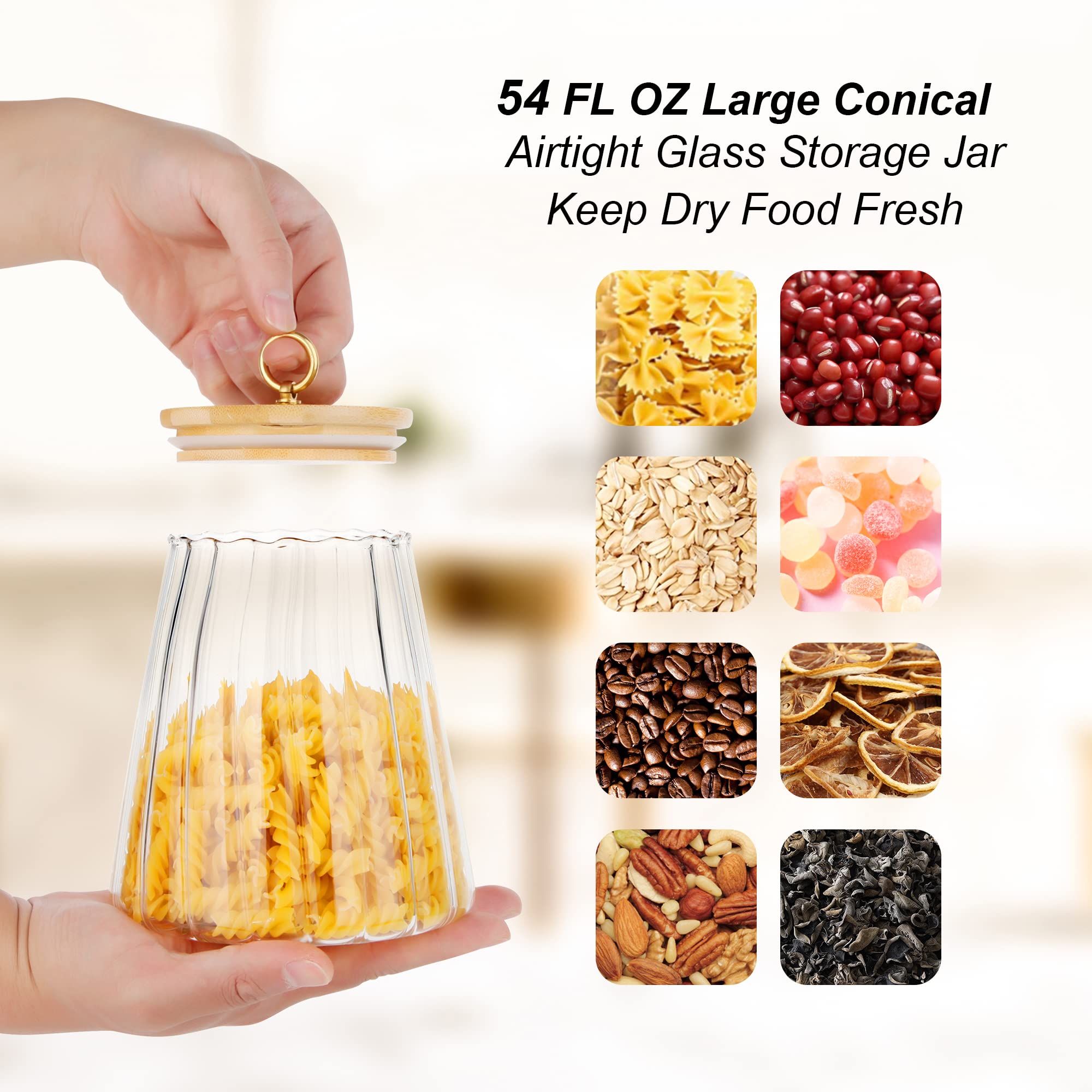 Glass Coffee Nuts Canister Airtight Storage Jar Petal Decorative Container With Bamboo Lid Metal Handle Easy To Grasp 1600Ml, 54