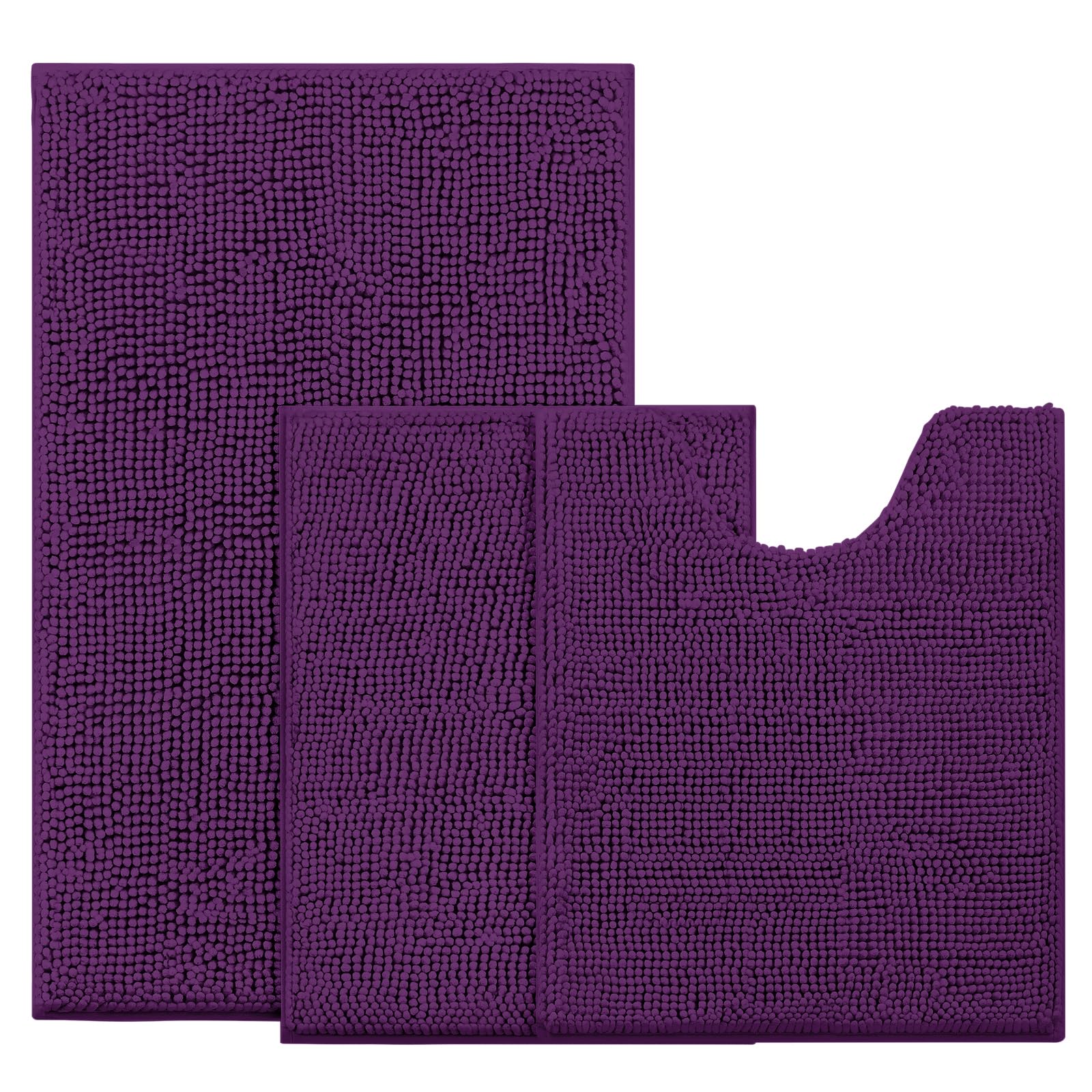 Bysure Deep Purple Bathroom Rugs Sets 3 Piece Non Slip Extra Absorbent Plush Chenille Soft Washable Bath Mats