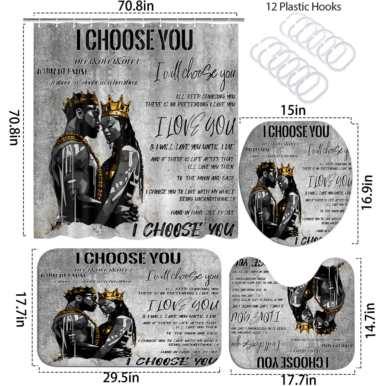 Omebero Romantic Black Couples Bathroom Sets With Shower Curtain And Rugs Toilet Lid Cover Bath Mat, Full In Love Black Man Wome