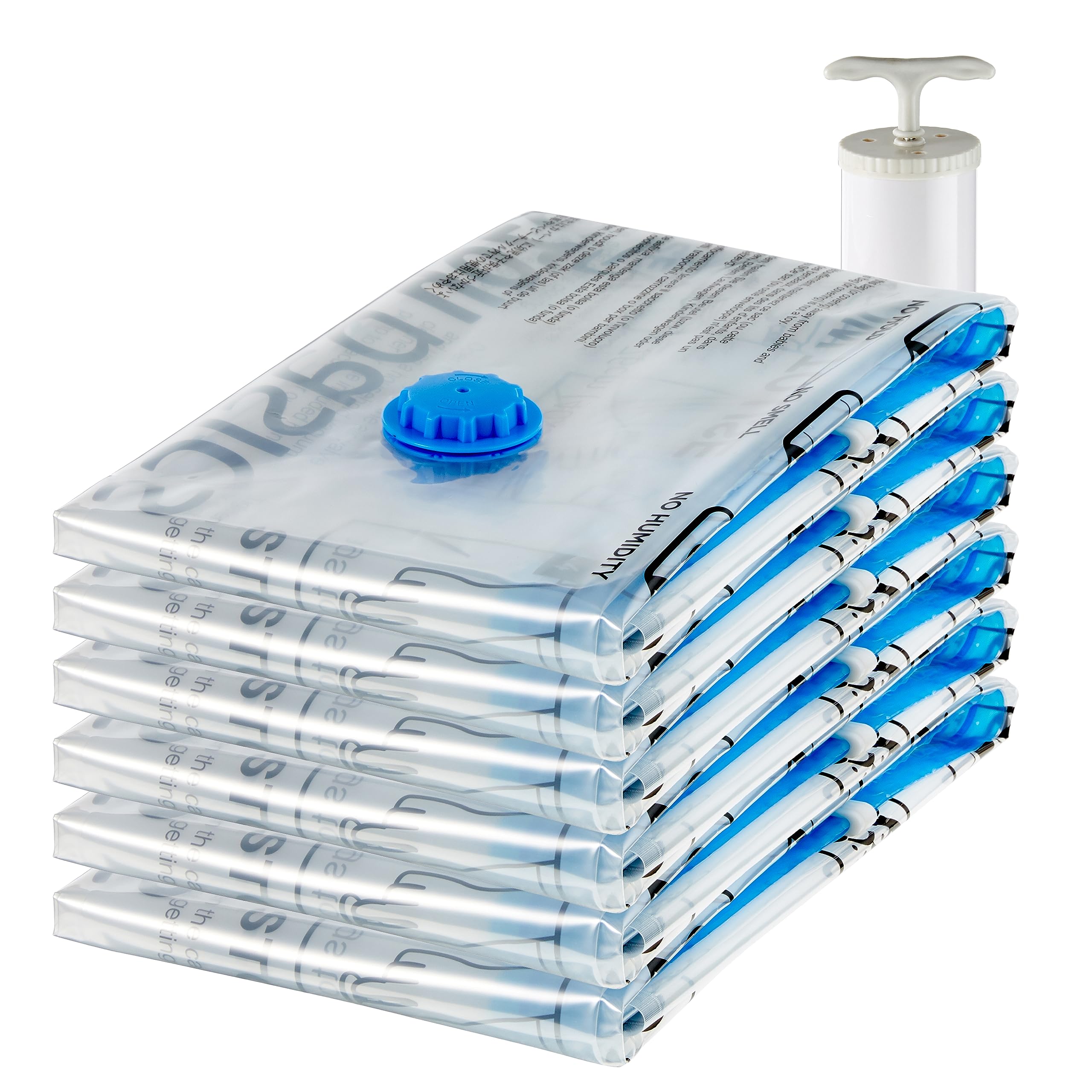 Amazon Basics Vacuum Compression Storage Bags With Hand Pump, Jumbo, 6-Pack, Clear