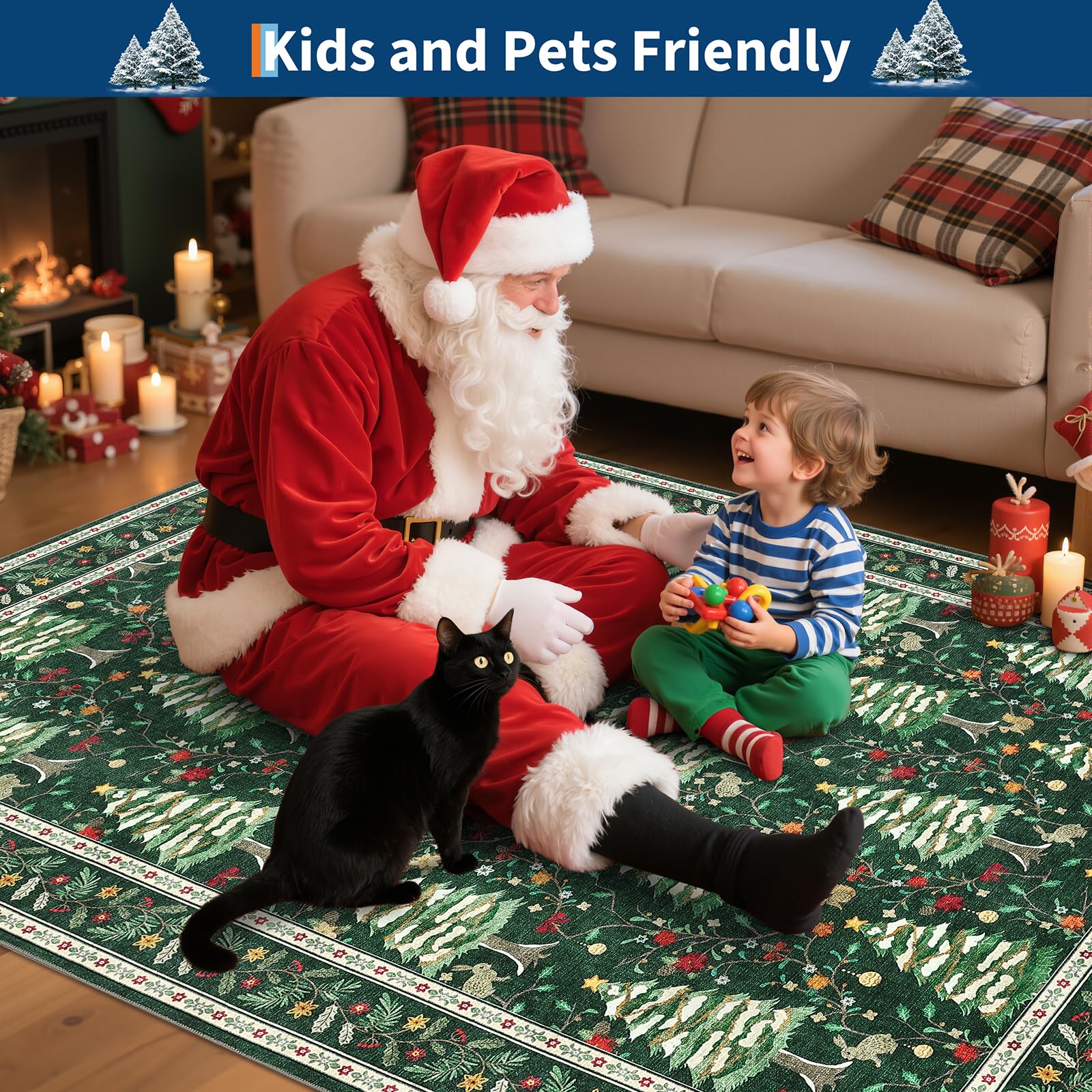 GarveeHome Green 2x6 Christmas Floor Kitchen Runner Rug Non Slip Washable Stain Resistant Christmas Tree Animals Print Holiday D