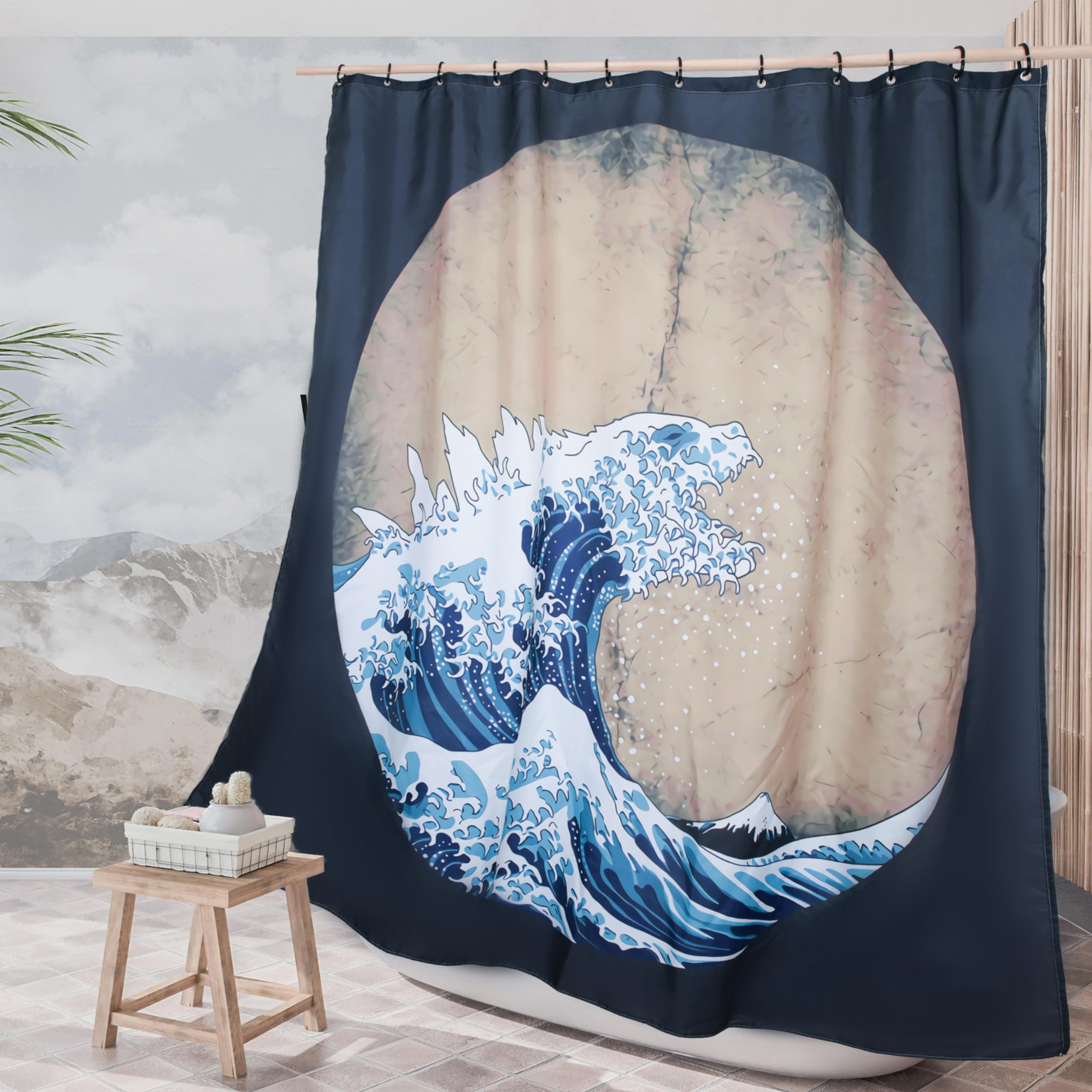Spanker Space Cool Japanese Navy Blue Funny Anime Asian Kraken Monster Rising From Hokusai The Great Waves Waterproof Bath Showe