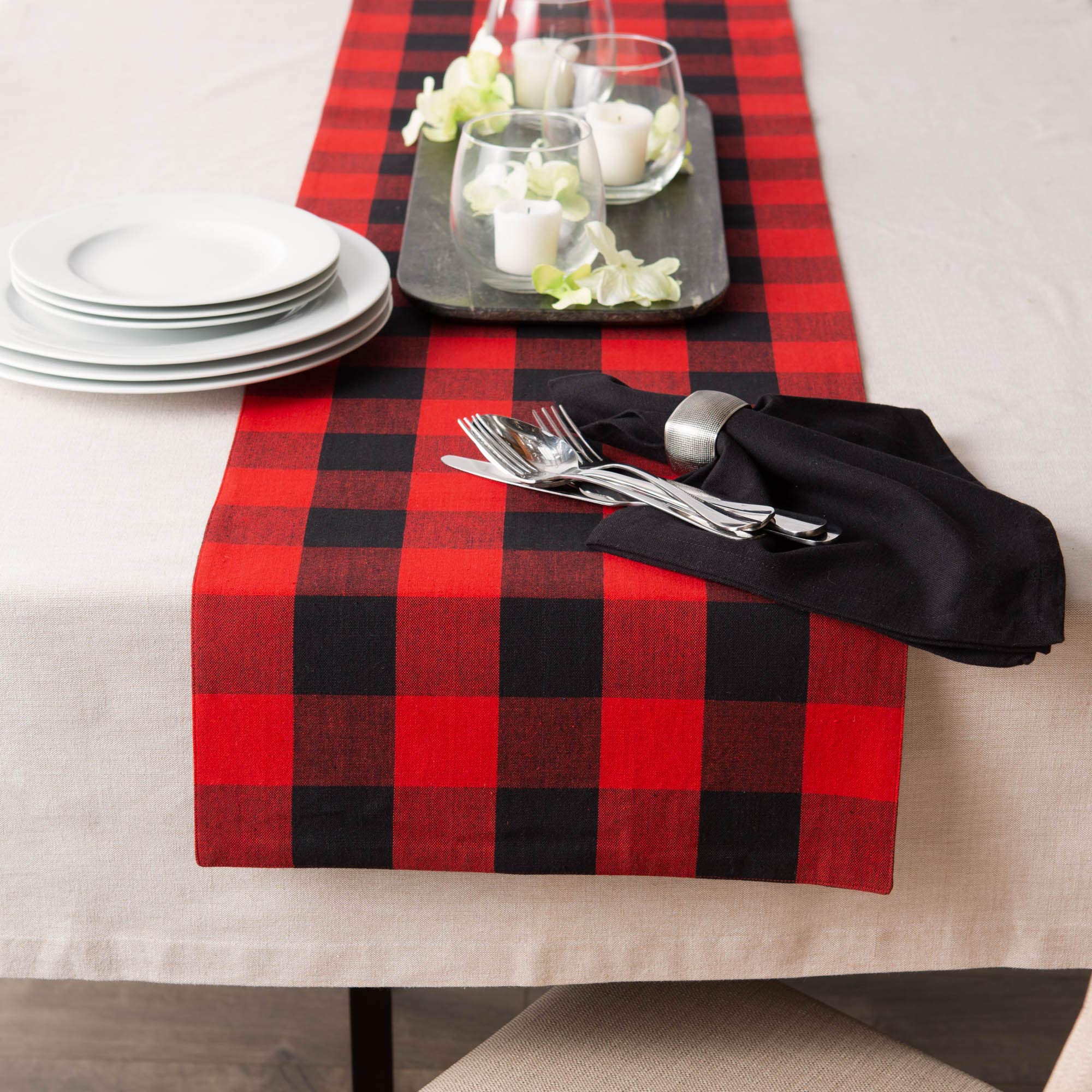 Dii Gingham Check Tabletop Collection, Red/Black, Table Runner, 14X108