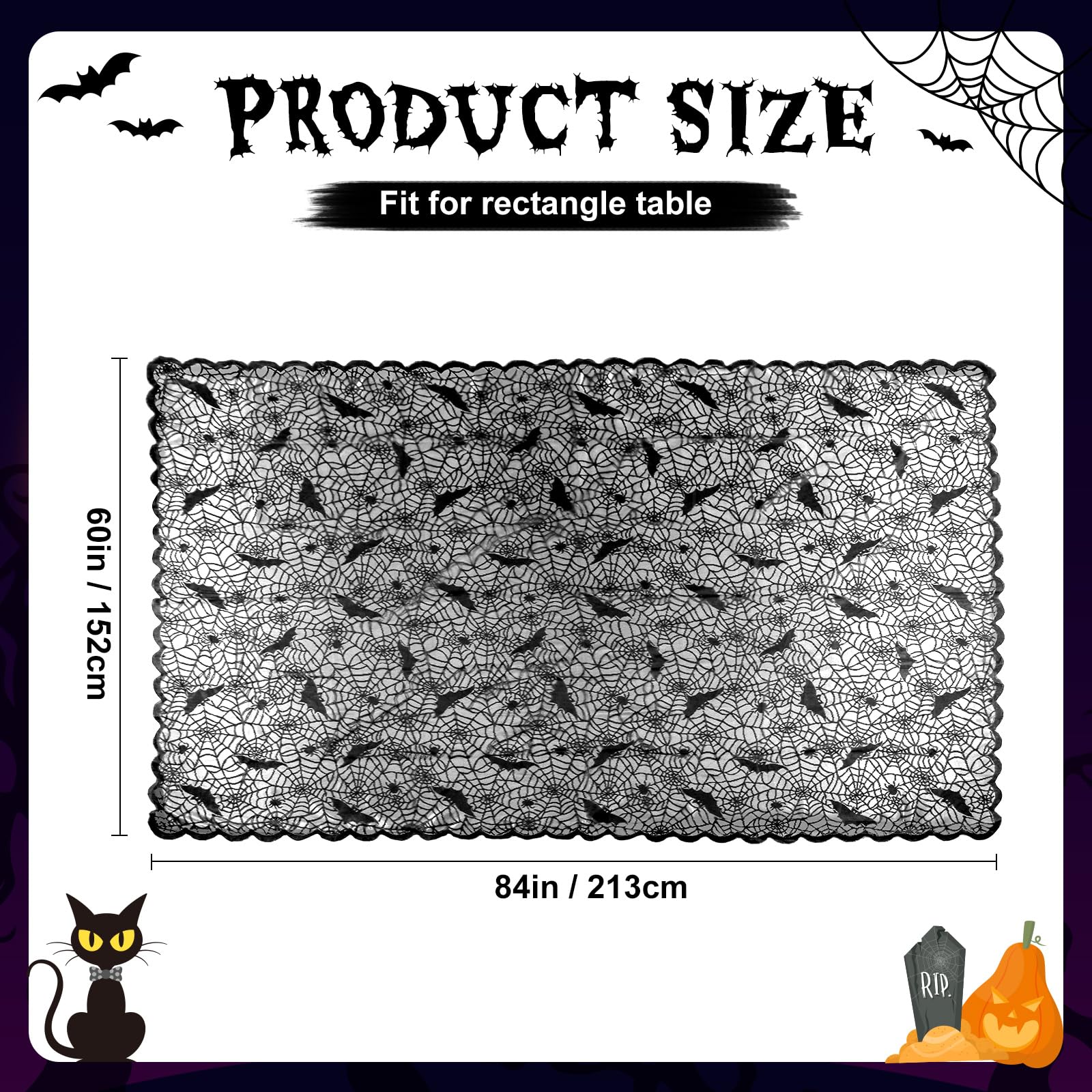 OurWarm Halloween Tablecloth, Rectangular Polyester Lace Tablecloth Black Spider Web Tablecover for Scary Movie Nights Halloween