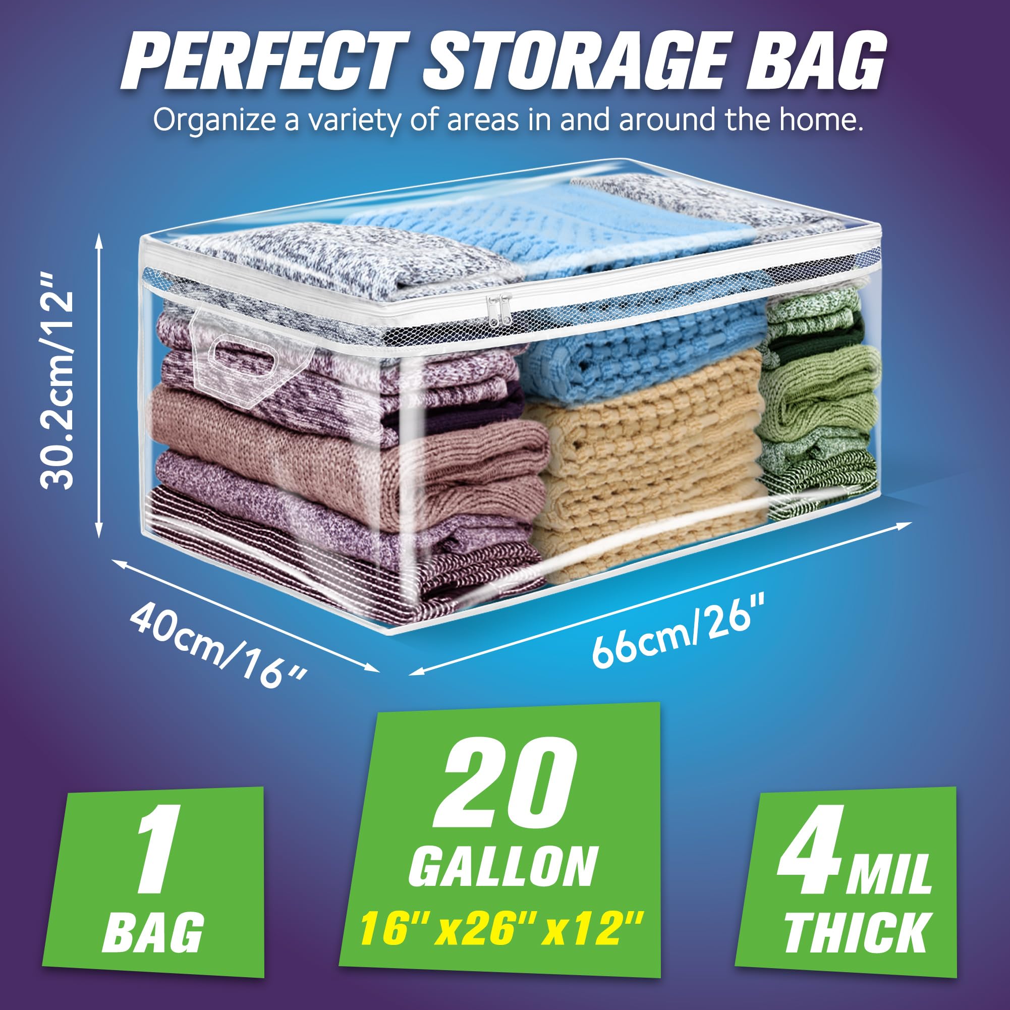 Hibag 20 Gallon Large Storage Bag For Clothes, Zipper Clothing Storage Bag, Clear Organizer With Reinforced Handles, For Comfort