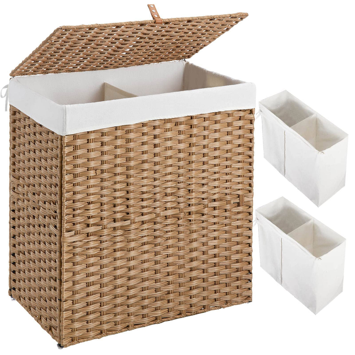 Greenstell Laundry Hamper With Lid, No Install Needed, 110L Wicker Laundry Baskets Foldable 2 Removable Liner Bags, 2 Section Cl