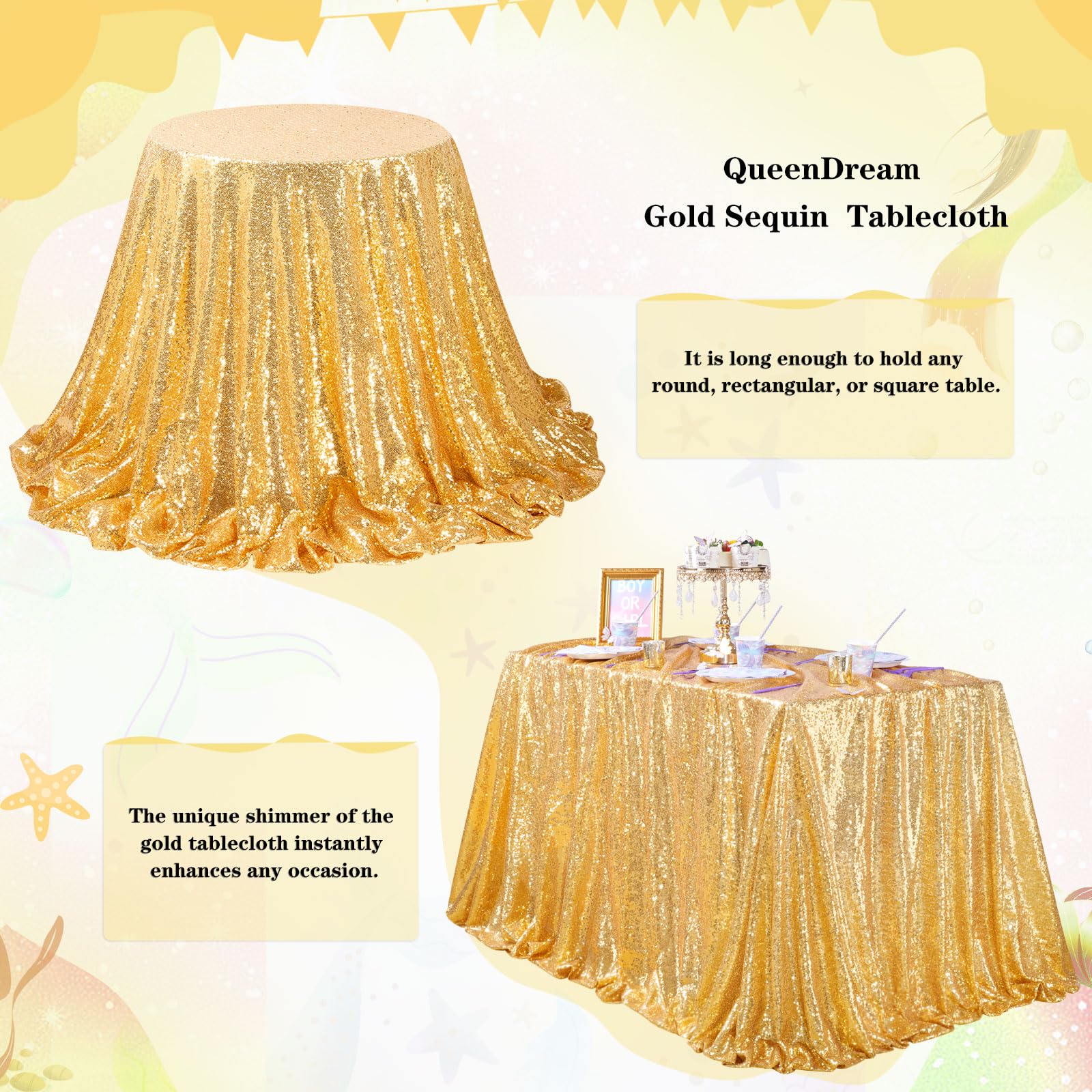 Queendream Gold Table Cloth Party Decorations: Sequin Fabric 90X90 Inch Sparkle Tablecloths - Gold Drapes Wedding Overlay