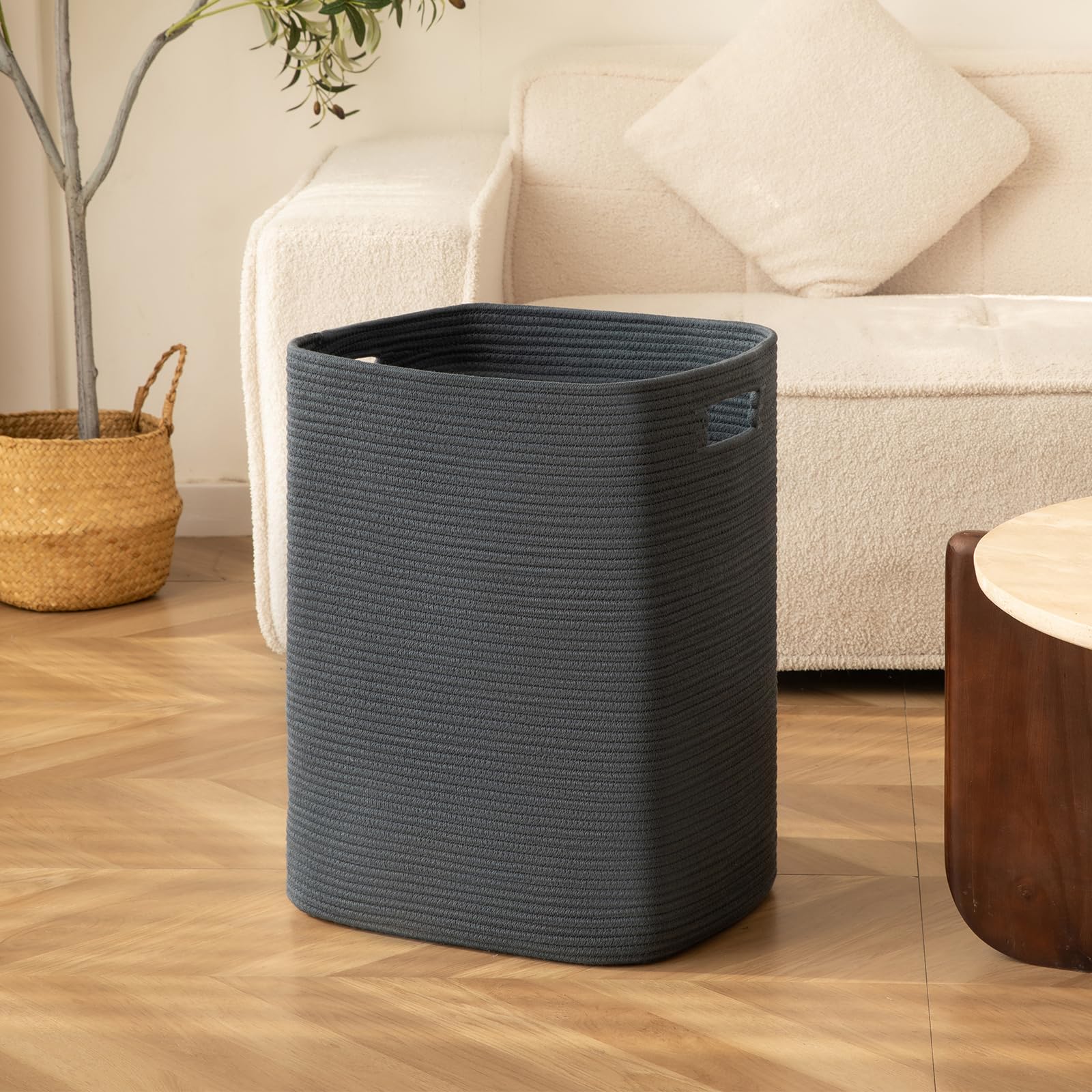 Oiahomy Laundry Hamper, Rectangle Cotton Laundry Basket With Handles, Large Blanket Basket For Living Room, Woven Decorative Sto