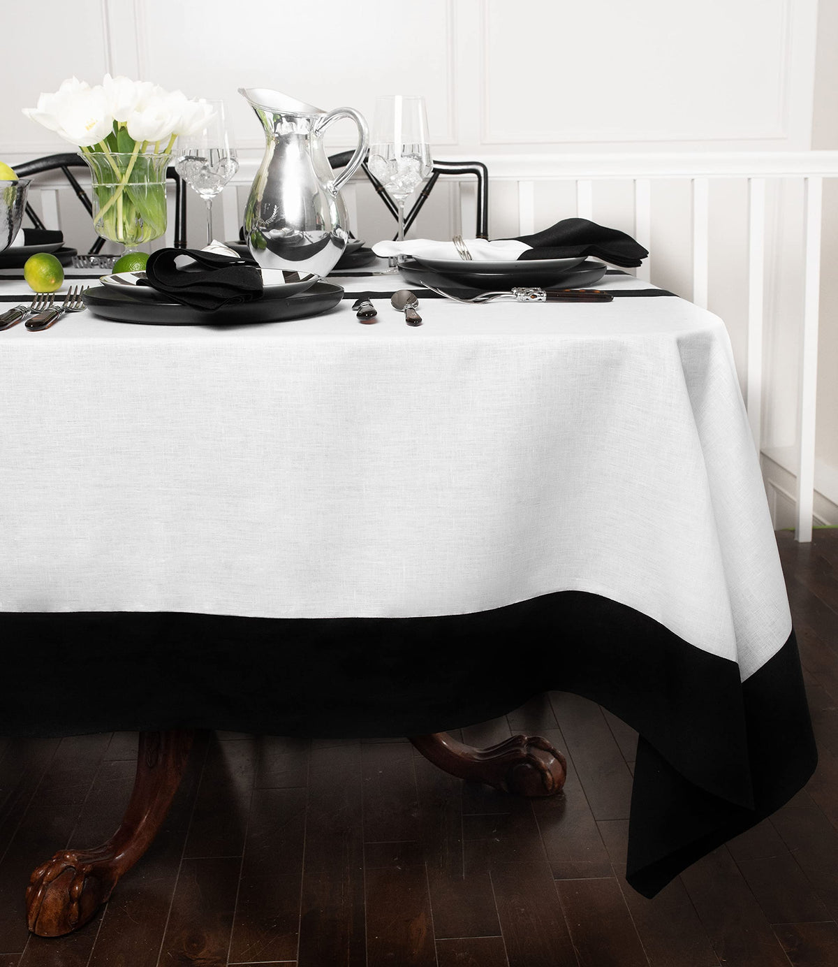 Solino Home Linen Tablecloth 60 x 108 Inch - 100% Pure Linen Black and ...