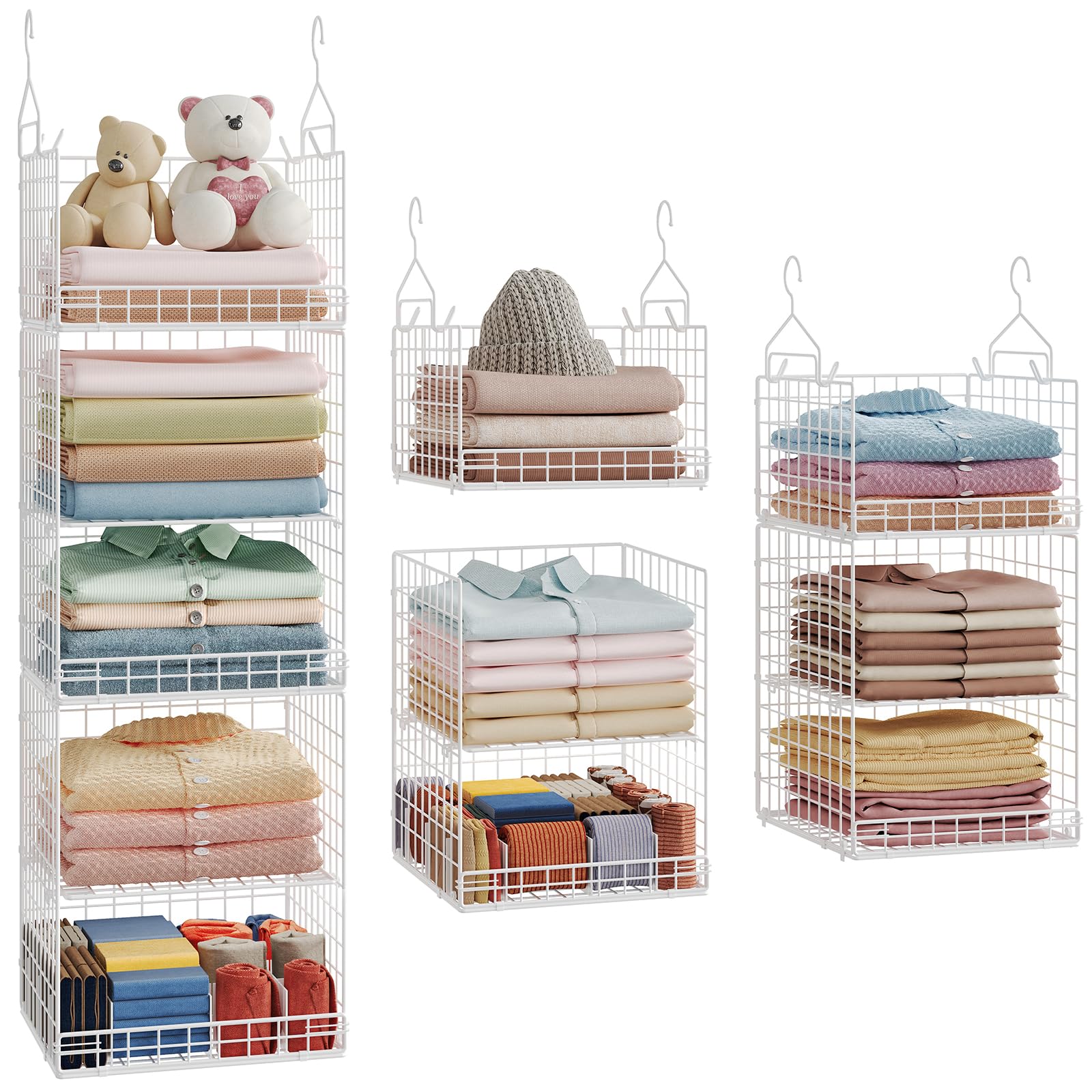 Yuyetuyo 5 Tier Hanging Closet Organizer Separable Hanging Closet Shelves with 4 Hooks 2 Adjustable Dividers, Wire Storage Baske
