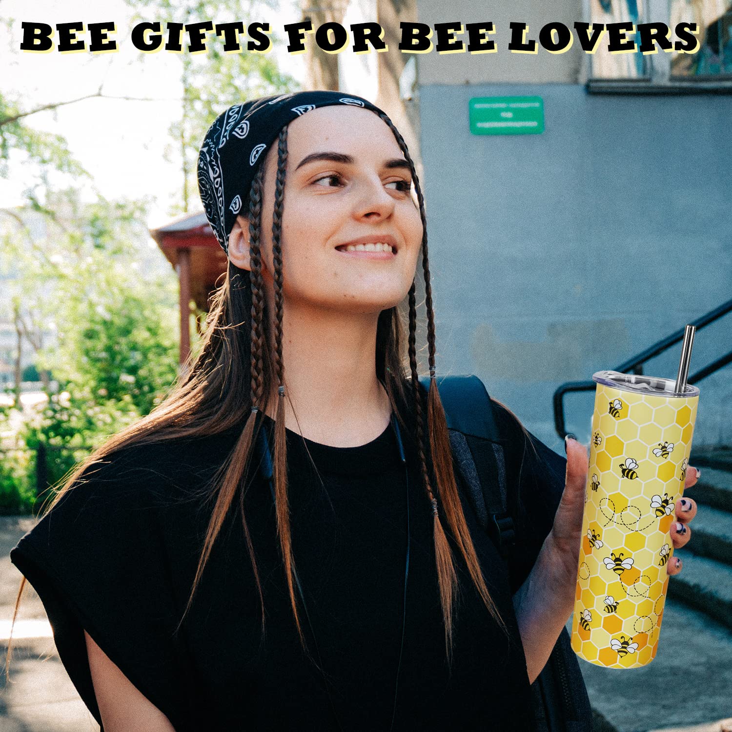 Bee Tumbler With Lid And Straw- Honey Bee Gifts For Women Men - Yellow Bee Coffee Mug, Cup, Skinny Tumbler, Water Bottles- Metal