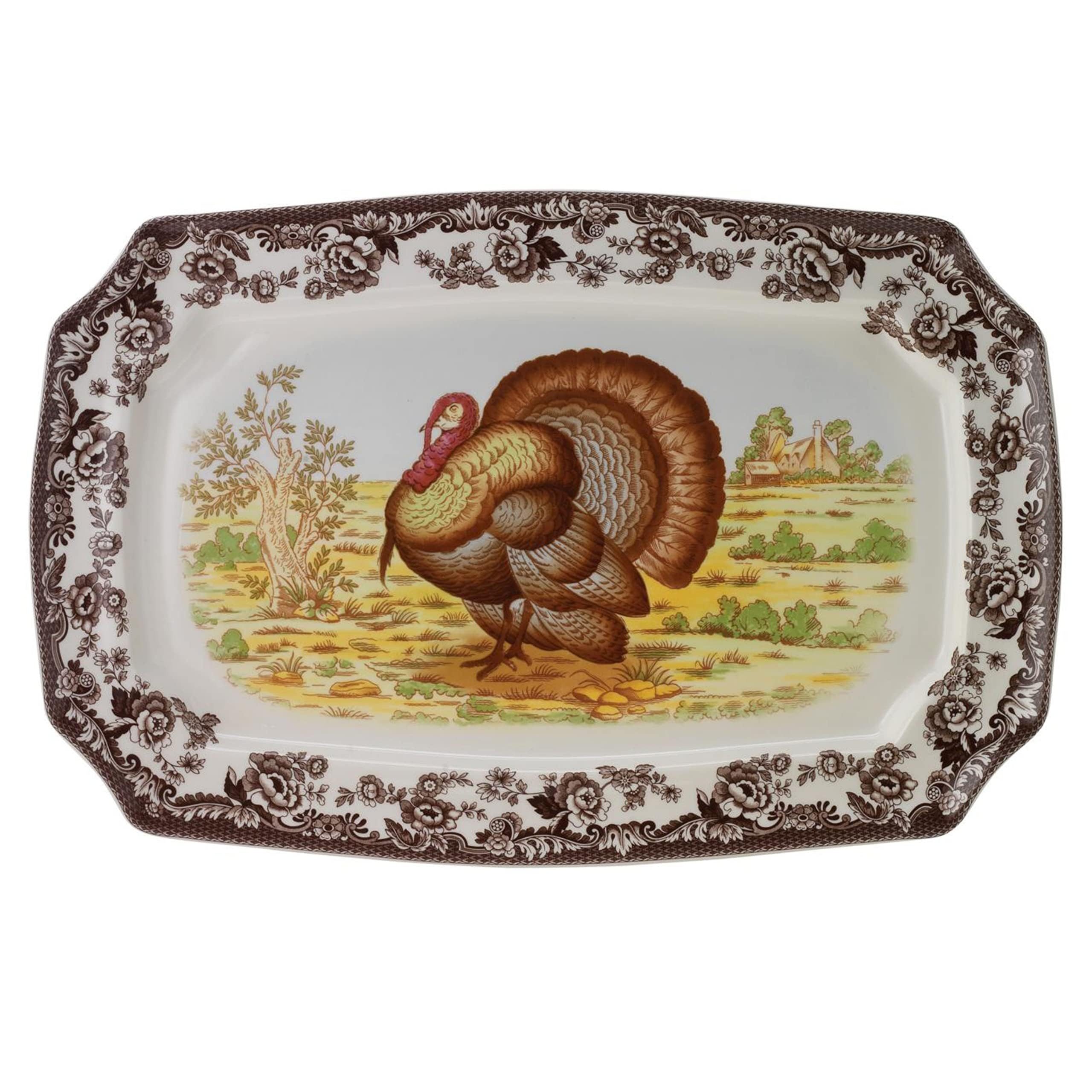 Spode Woodland 17.5 Rectangular Serving Platter, Turkey Motif - Fine Porcelain Thanksgiving Dinnerware with British Flower Board