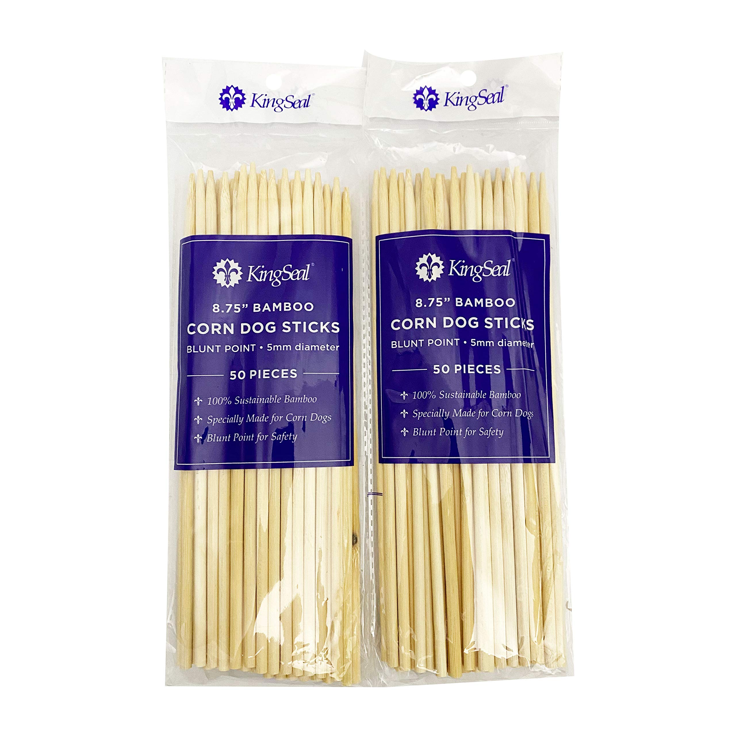 Kingseal Bamboo Wood Corn Dog Skewers, Sticks, 8.75 Inches X 5 Mm Diameter, Blunt Point For Safety, Retail Pack - 2 Bags Of 50 S