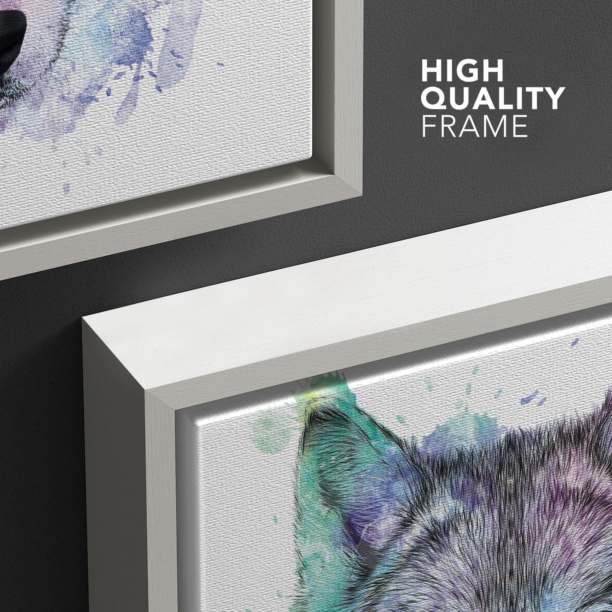 Wall26 - Fun And Colorful Splattered Watercolor Wolf - Framed Canvas Art Home Art - 24''X24'' White