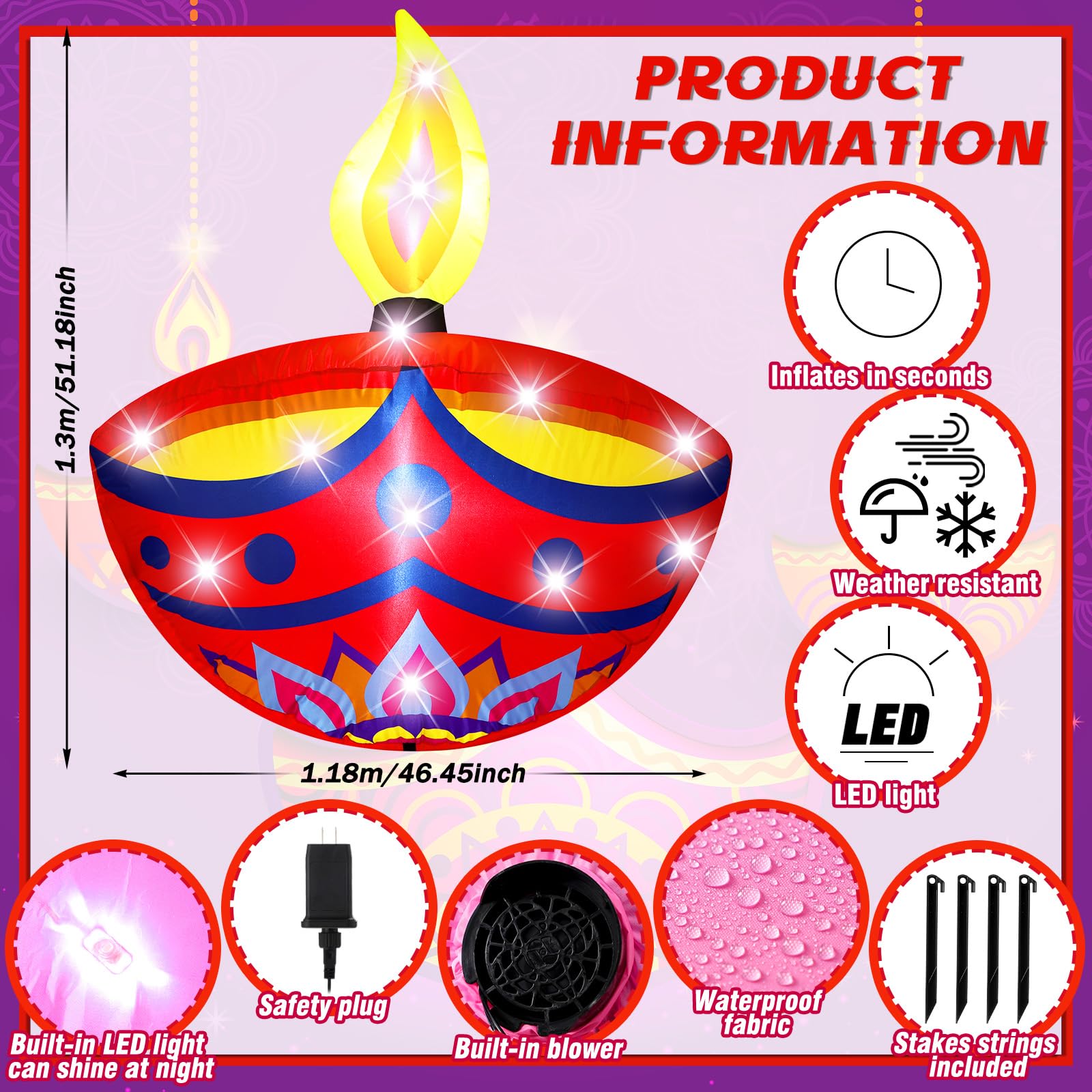 VIHOSE 4.27 ft Happy Diwali Inflatables Outdoor Decorations Diyas Oil Lamp Blow up Yard Decor Tea Light Style Indian Diwali with