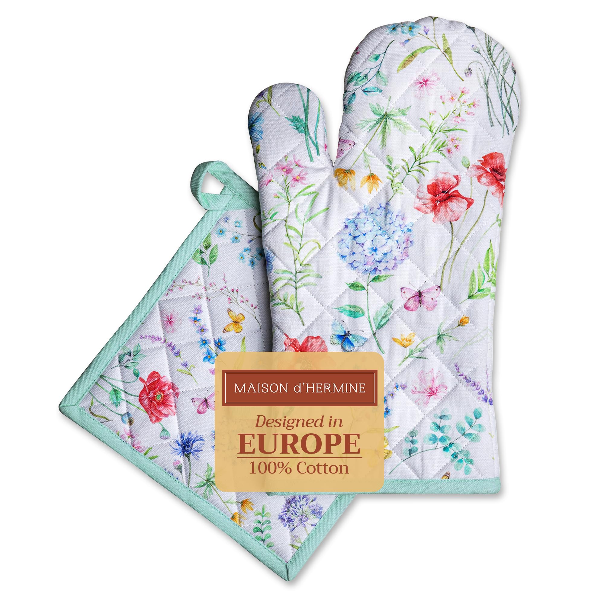 Maison d' Hermine Oven Mitt + Pot Holder 100% Cotton Heat Resistant Kitchen Oven Mitt (7.5''x13'') & Pot Holder (8''x8'') for Gifts  Chef  Cooking  BBQ Baking  Just Floral - Spring/Summer