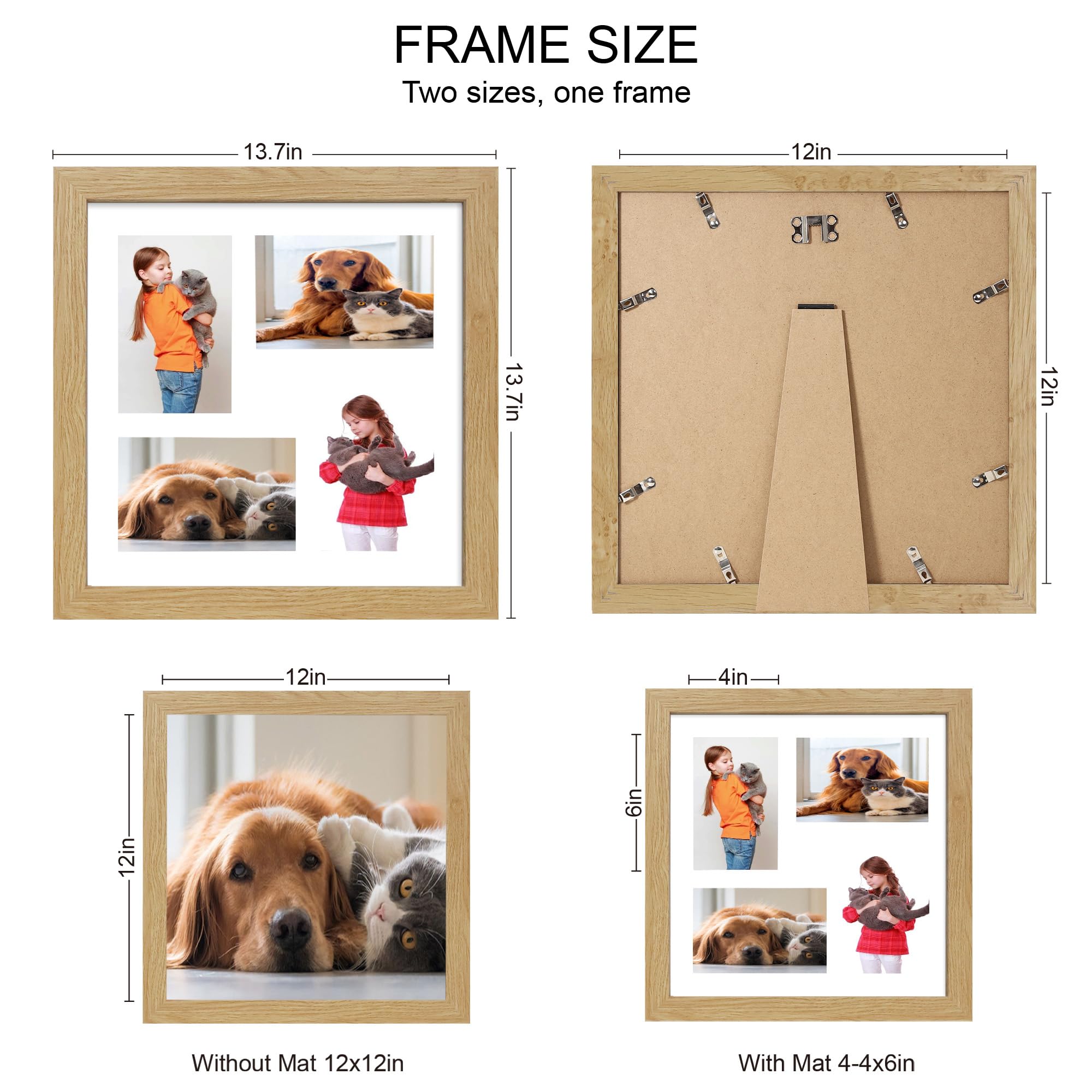 Hongkee 12x12 Picture Frame Set of 2, Natural Oak Wood Frame with Glass Collage Frame, Display Pictures 4-4x6 With Mat or 12 x 1