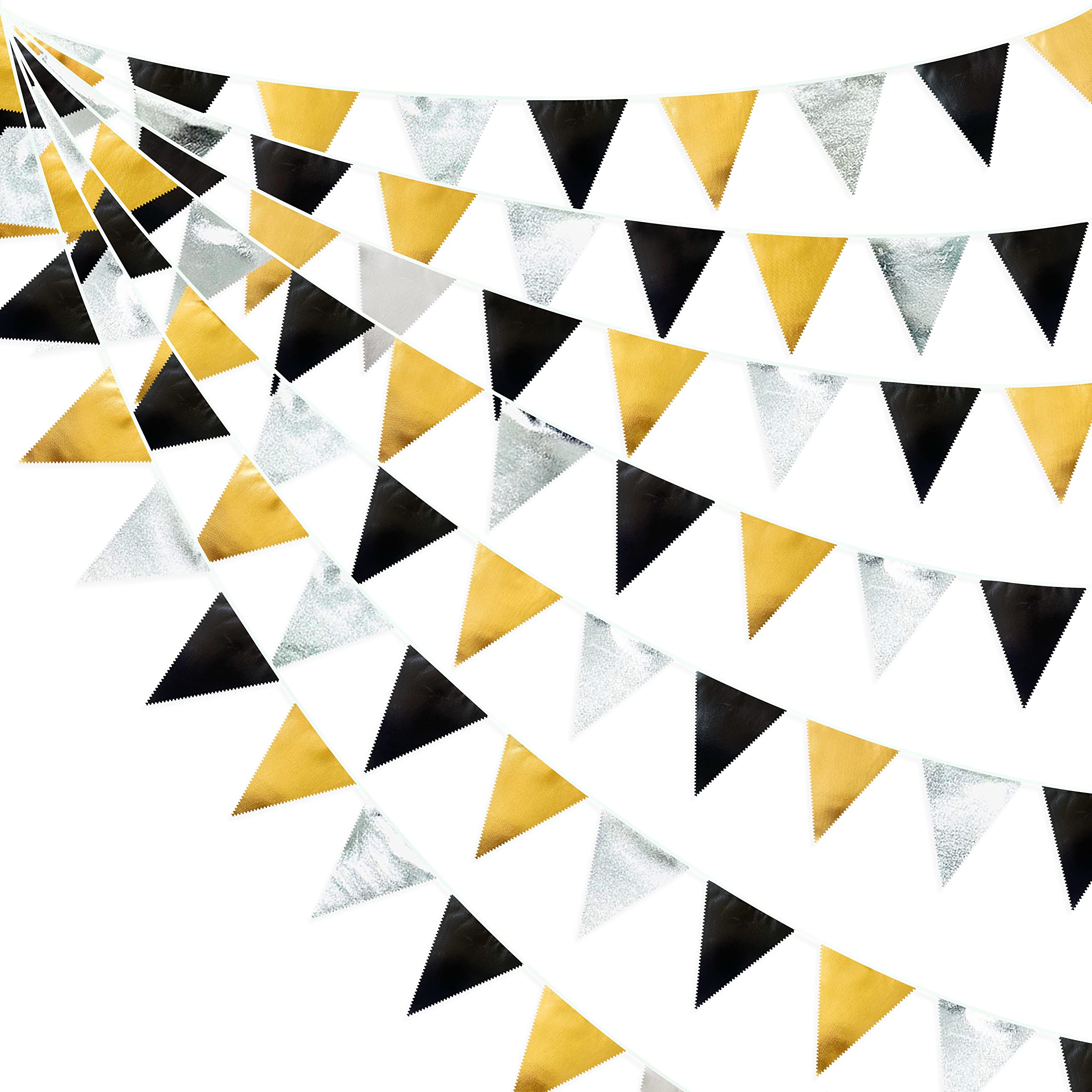 Black Gold Silver Party Decoration Triangle Pennant Banner Flag Metallic Fabric Bunting Garland For Birthday Graduation Annivers