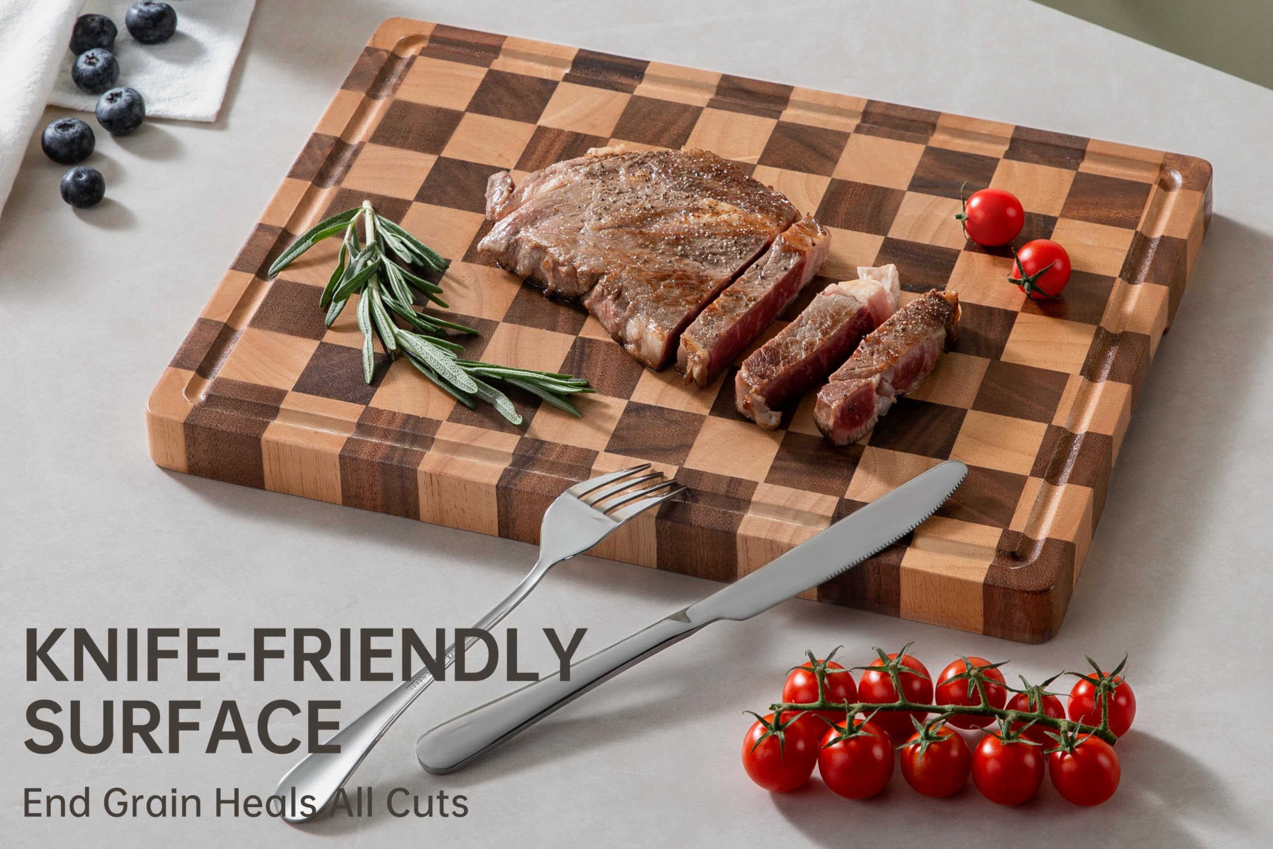 THETCHRY Cutting Boards for Kitchen, Extra Large Chopping Board for Stovetop, Checkered Acacia Wood Cutting Board with Juice Gro