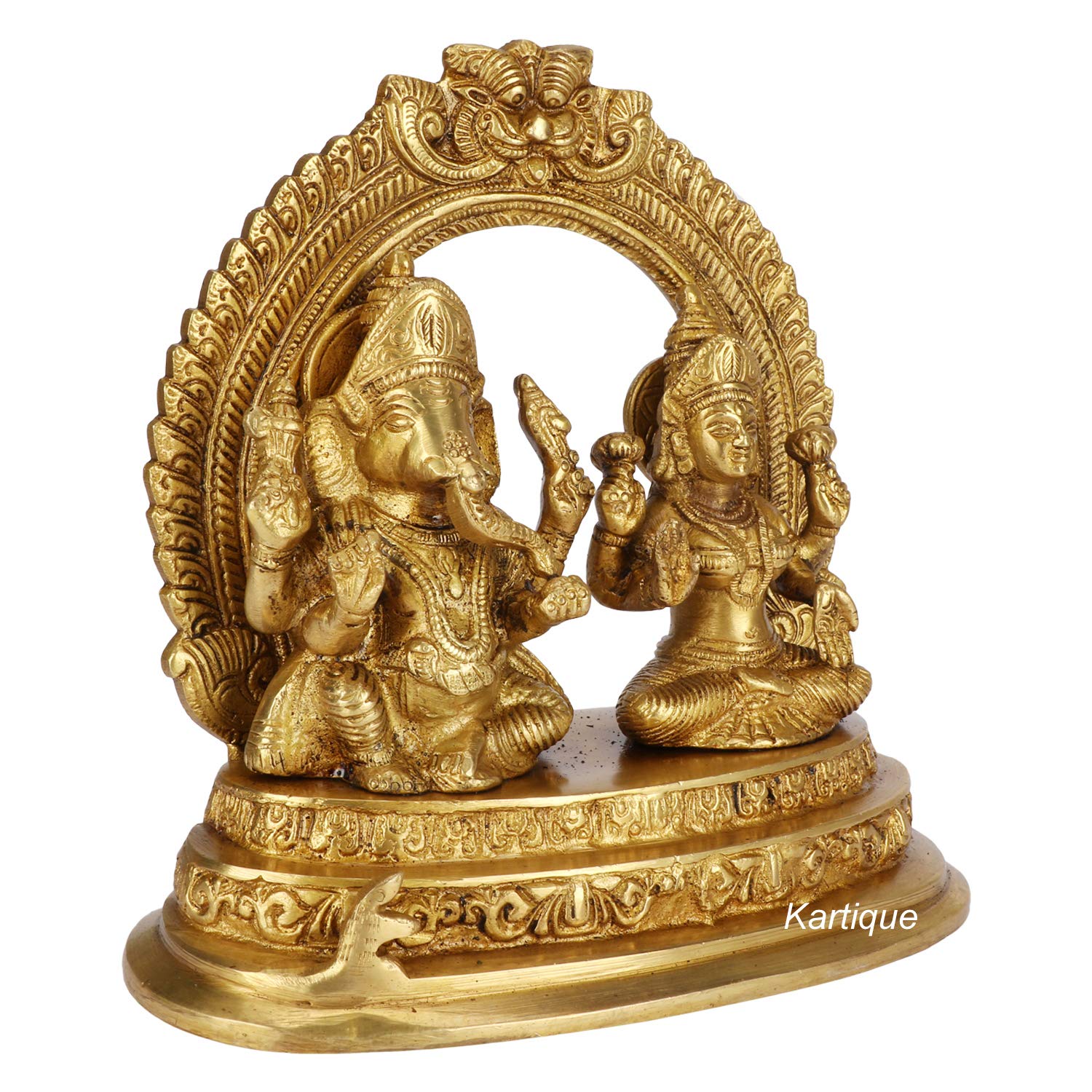 Kartique 7-Inch Brass Lakshmi Ganesh Idol With Intricate Arch Design, Ideal For Home Decor And Spiritual Spaces In Gold Color