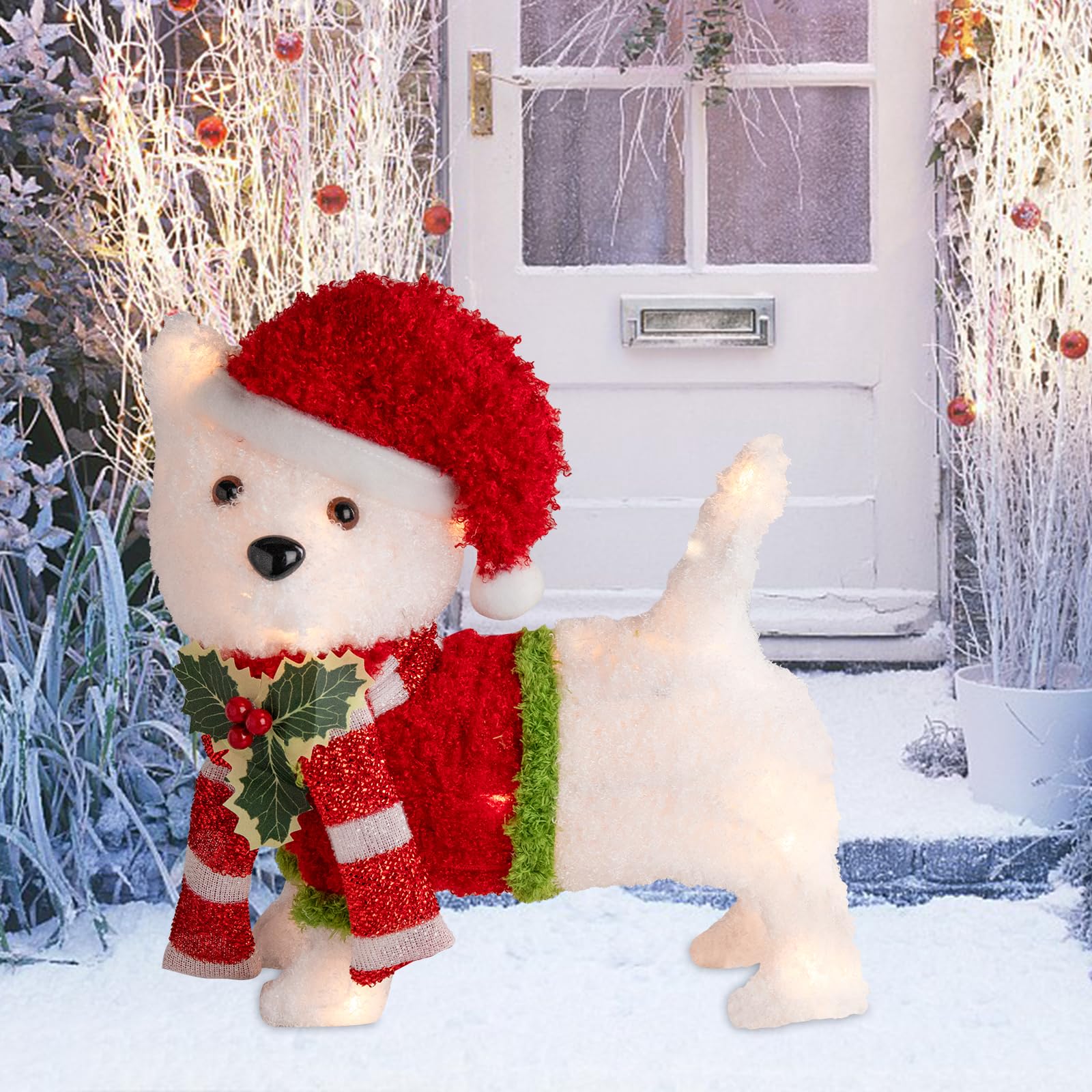 Christmas Lighted Dog Decoration Pre-lit 3D Glittered Fluffy Puppy Battery Operated Lighted Up Standing Ornament Outdoor Indoor