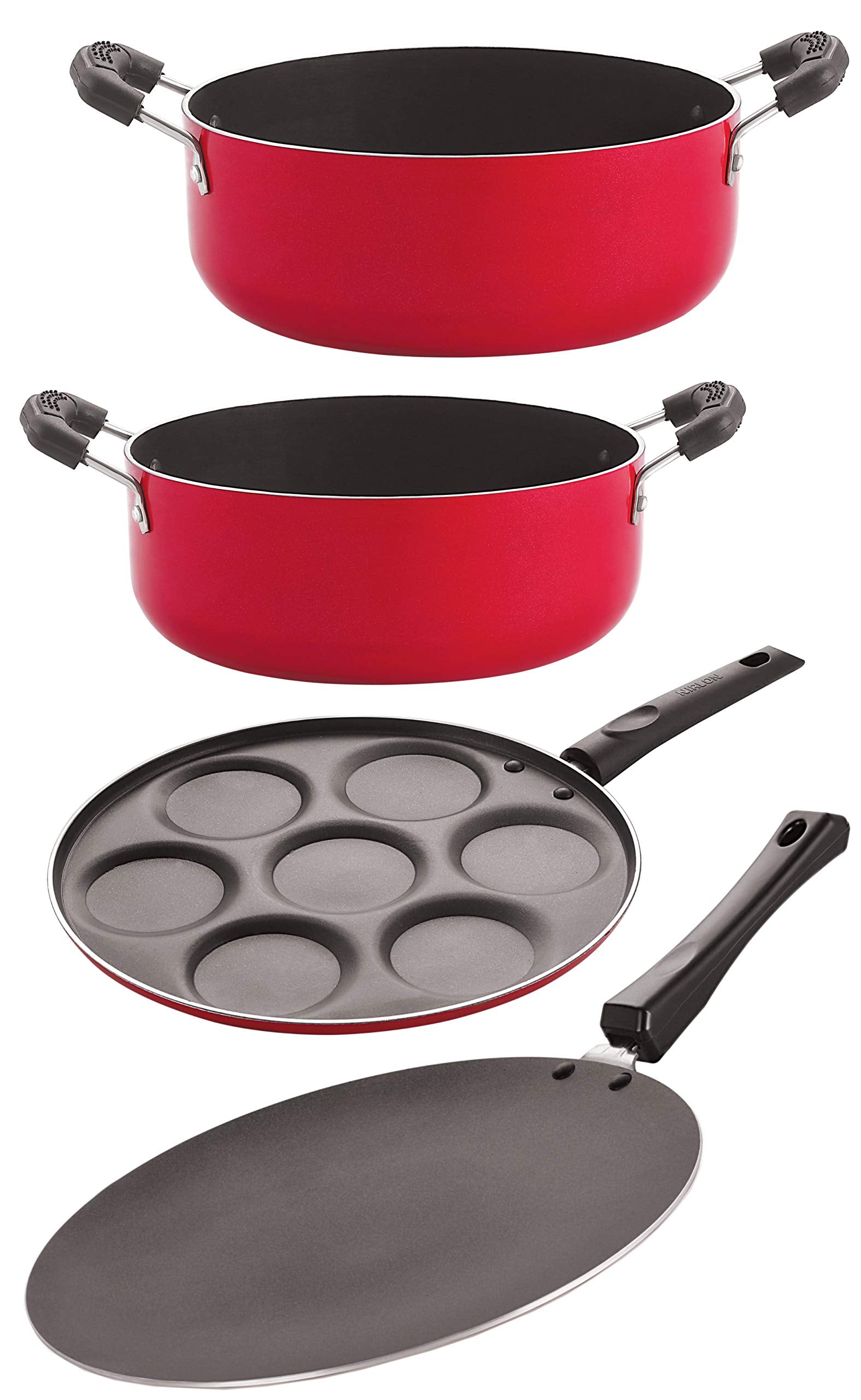 Nirlon Nonstick Aluminium Cookware 4 Pieces Set, Red (Concave Tawa 27.5Cm + Uttapam 7 Cavity + Casserole 4.2 Ltr + Casserole 3.1