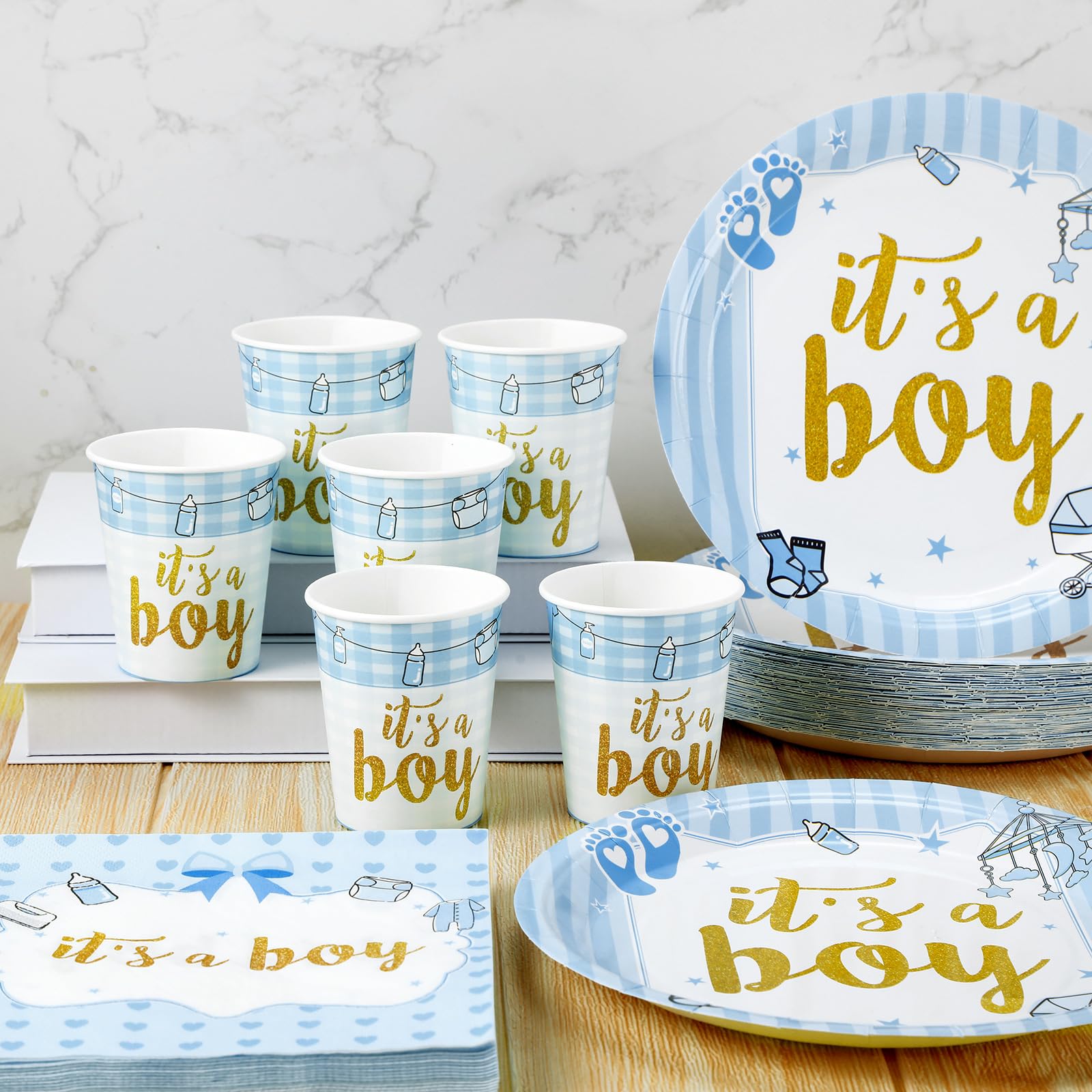 200 Pcs Blue Baby Shower Paper Plates Napkins Cups Boy Baby Shower Party Supplies Tableware Set Blue Disposable Cup Napkin For 5