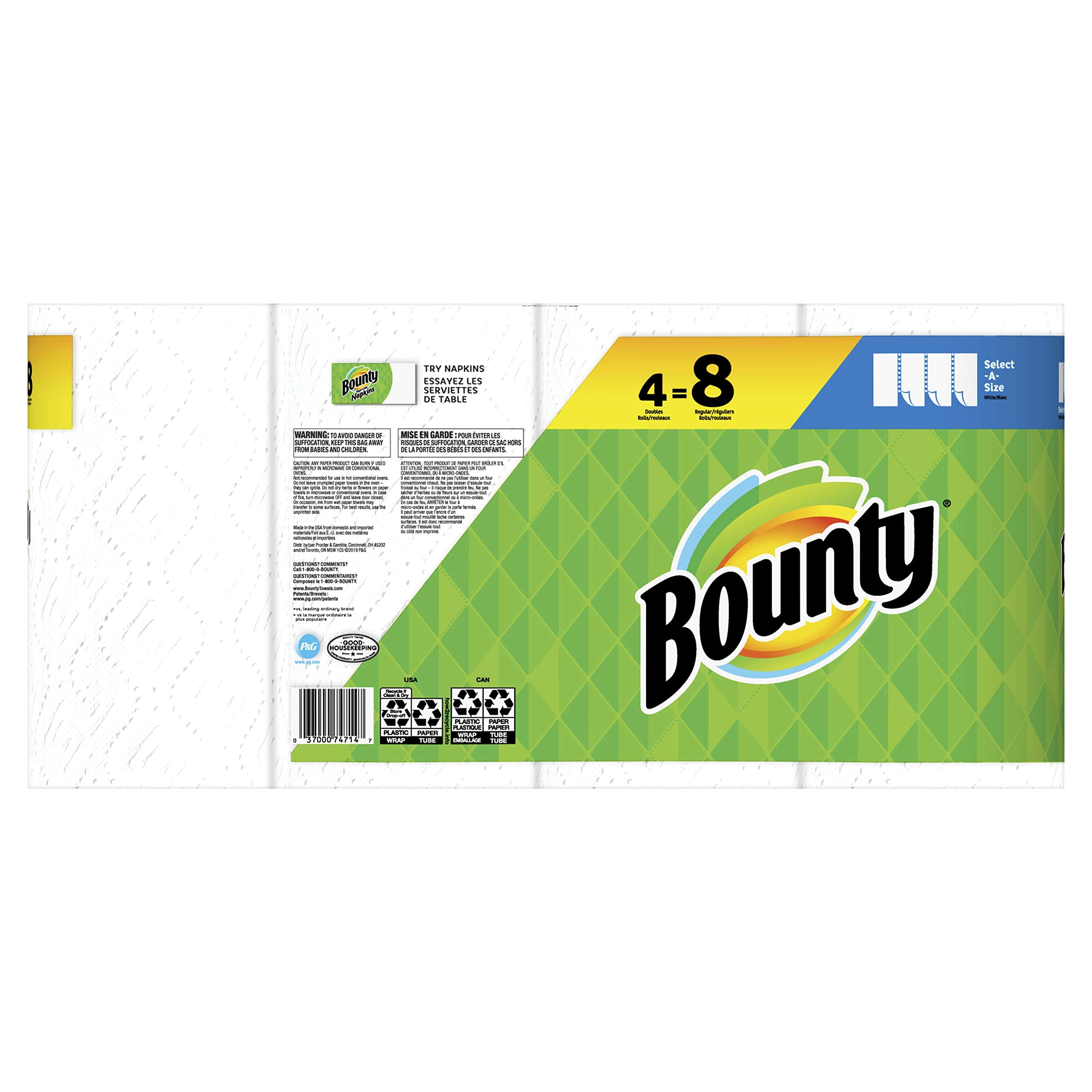 Bounty Select-A-Size Paper Towels  White  4 Double Rolls = 8 Regular Rolls  4Count (Pack Of 4)