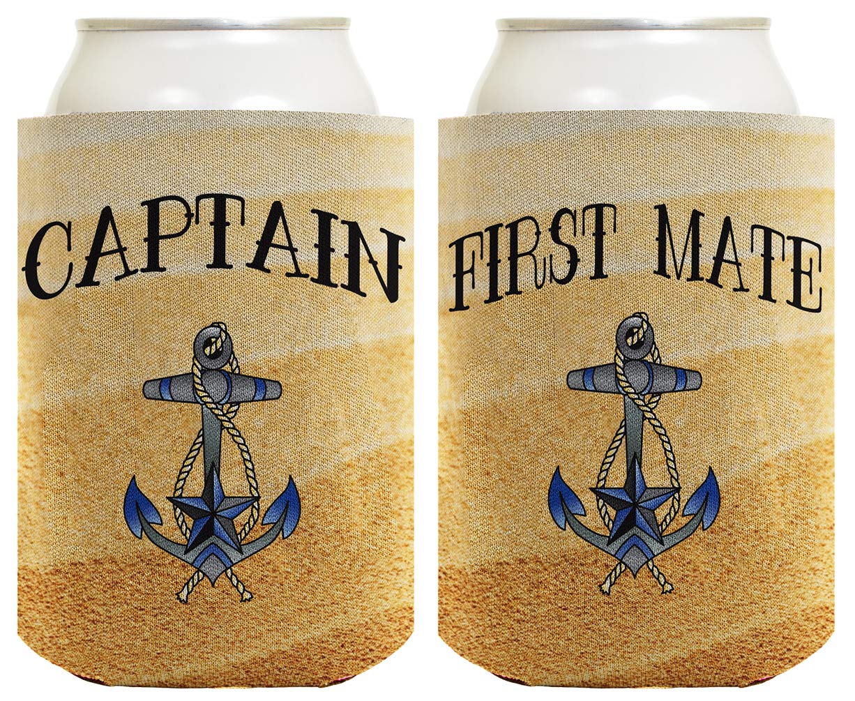 Boating Gift Captain And First Mate 2 Pack Sandy Beach Ocean Shore Can Coolies