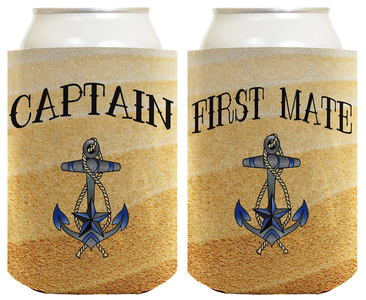 Boating Gift Captain And First Mate 2 Pack Sandy Beach Ocean Shore Can Coolies