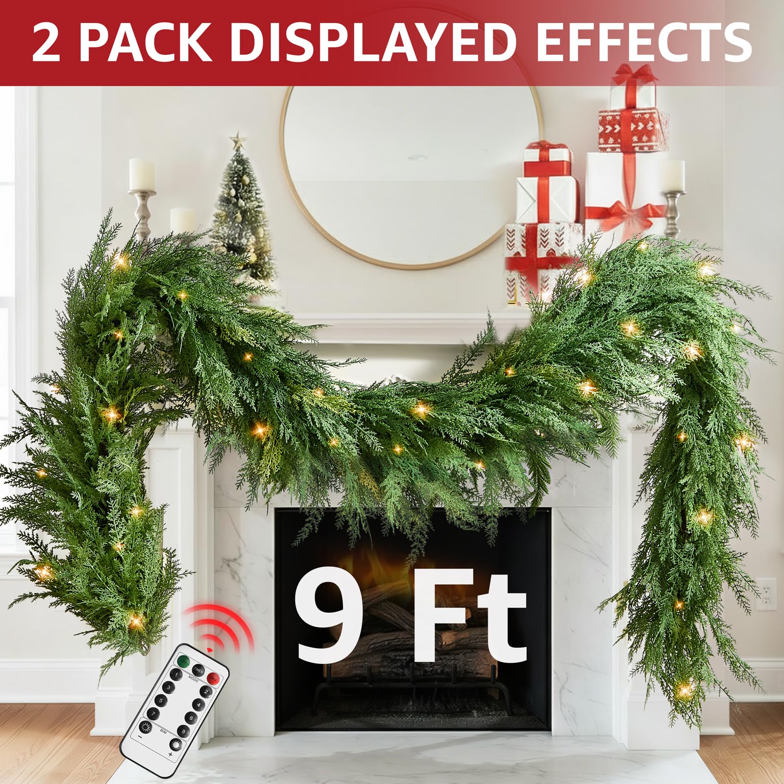 Christmas Cedar Garland Realistic with Lights - Cypress Decorations 9ft for Mantle Lighted Faux Pine Garlands for Xmas Home Deco