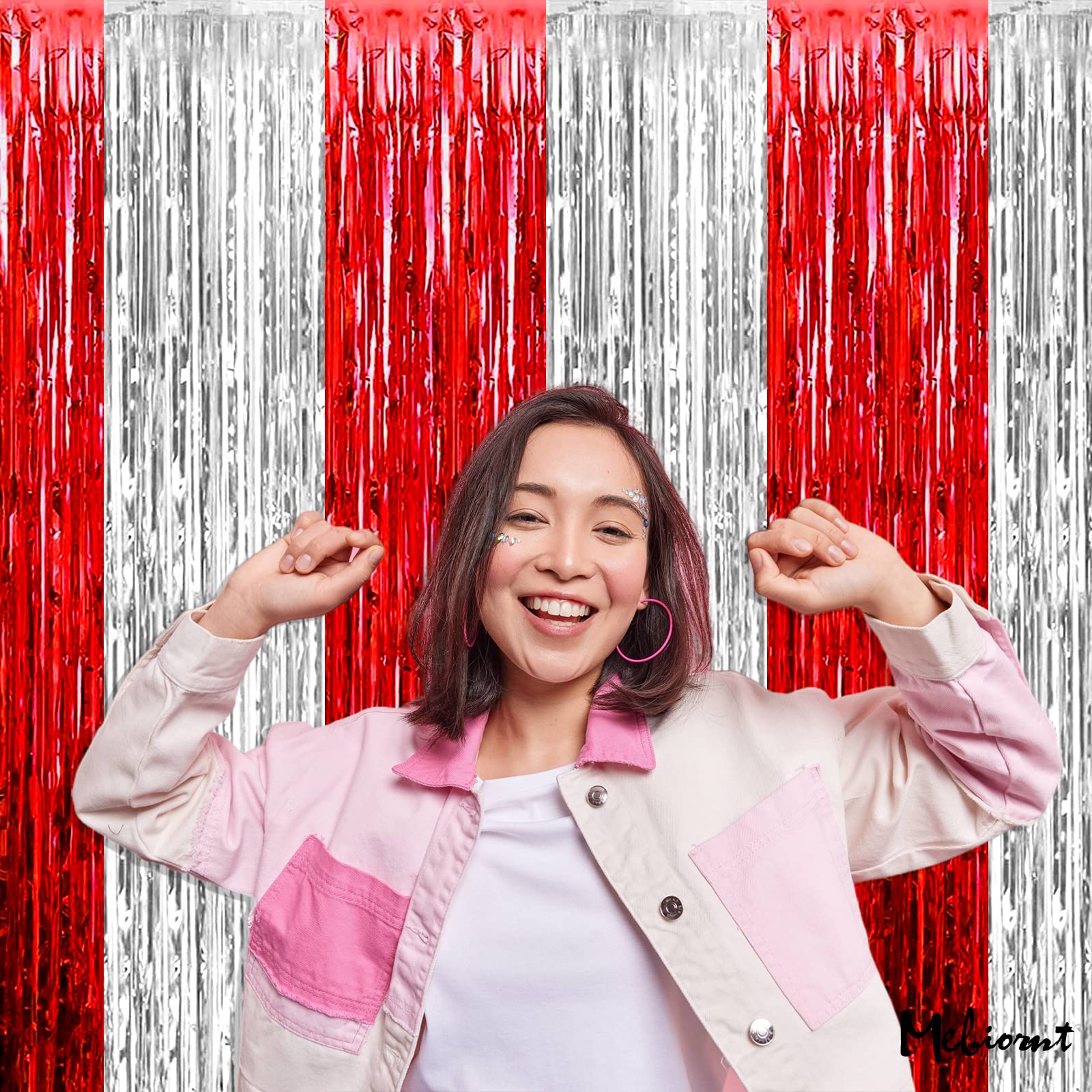 4 Pack 3.2Ft X 6.6Ft Red And Silver Fringe Curtain Backdrop, Metallic Tinsel Foil Fringe Streamers Curtains Background For Photo