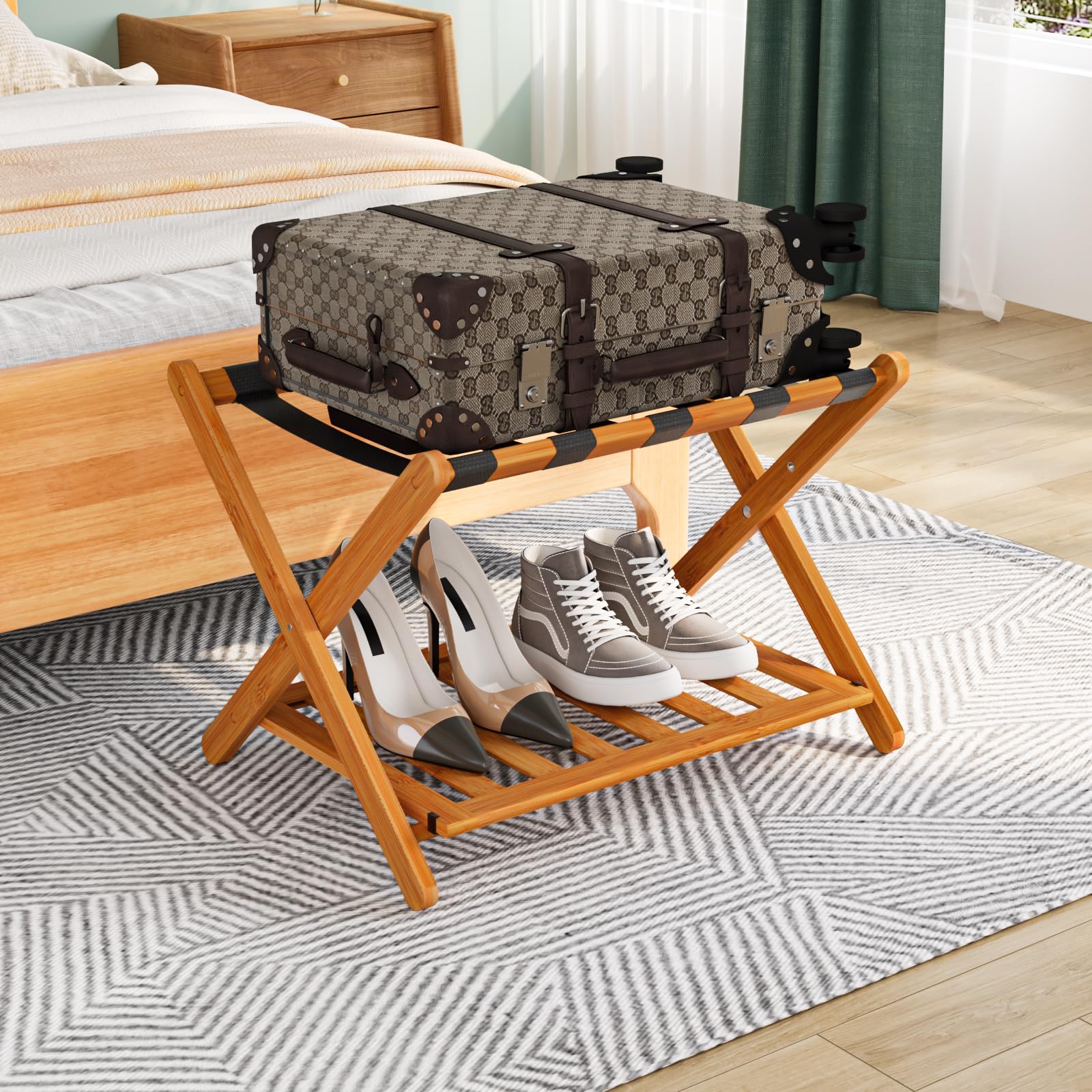Smuxee Fully Assembled Honey Luggage Rack, Upgraded Bamboo Foldable Suitcase Stand With 5 Nylon Straps, Luggage Holder With Shel