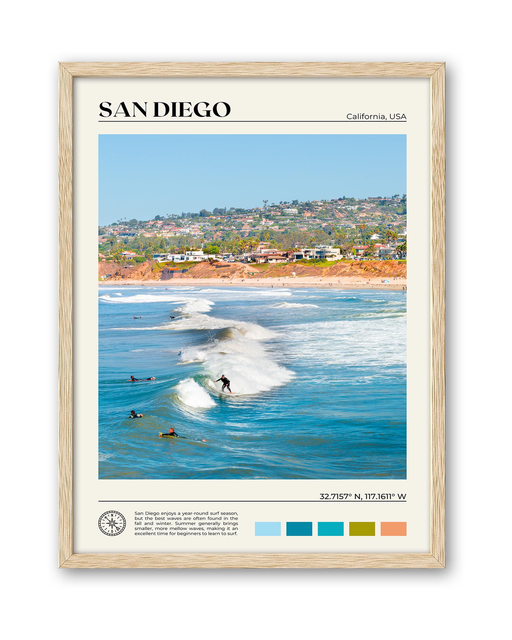 Hesendot Natural Oak Wood San Diego Surfing Framed Wall Art,12X16In Natural Seascape Canvas Wall Print,Classic Urban Landmark Wa