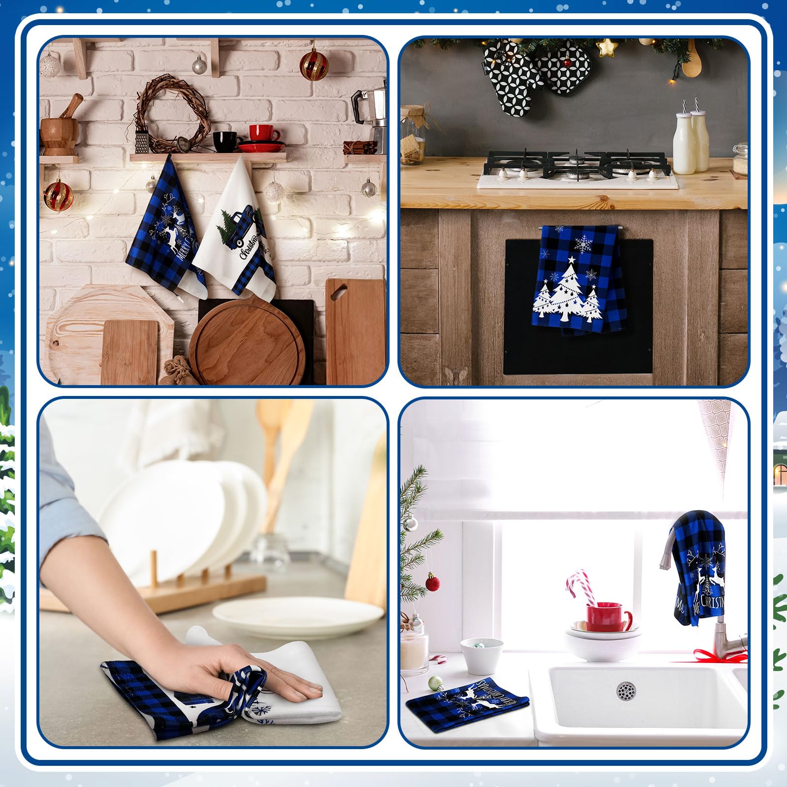 Sratte 6 Pcs Christmas Kitchen Towels Blue Black Buffalo Plaid Tea Dishtowels Absorbent Winter Gnome Truck Snowman Bathroom Hand