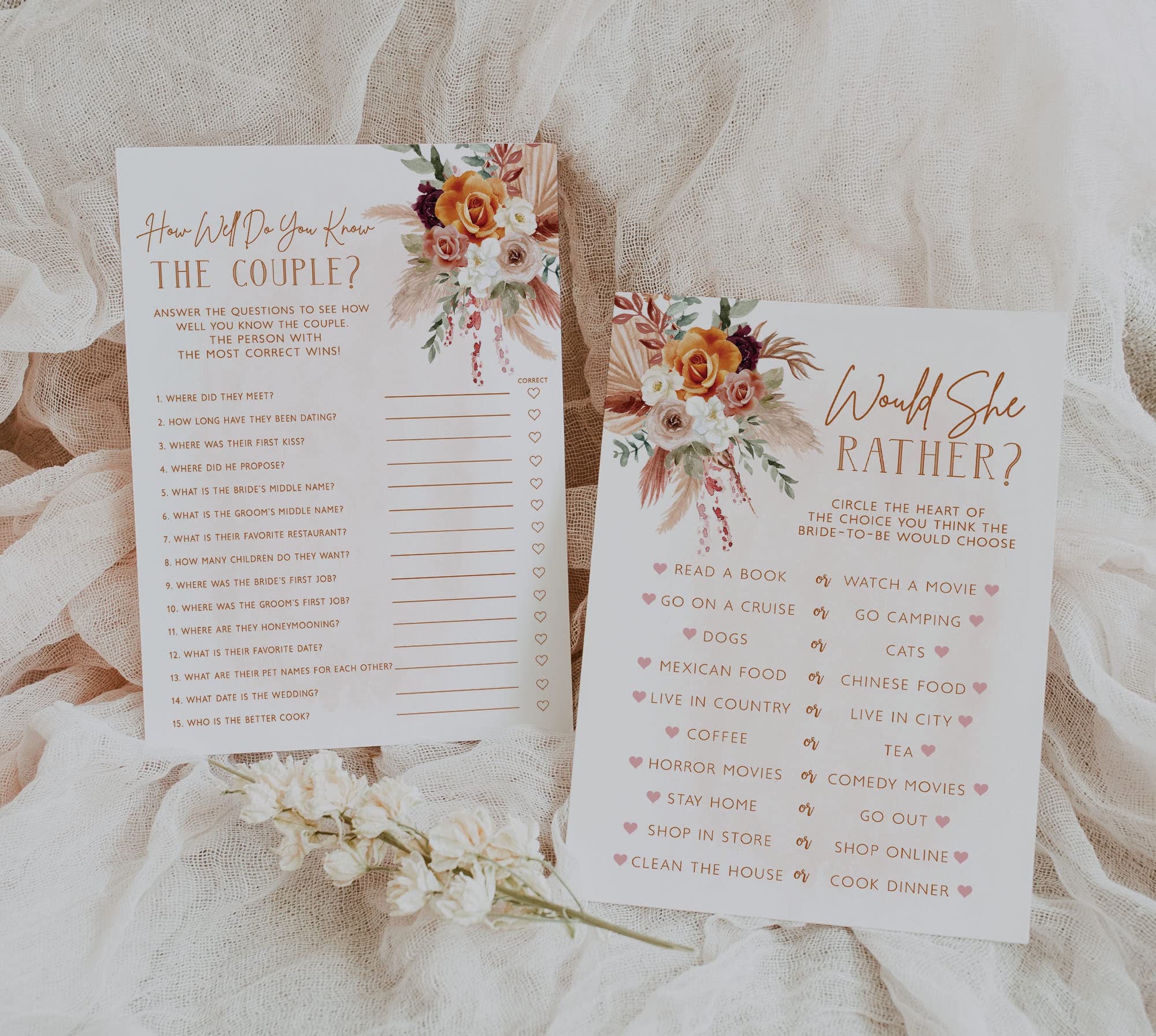 Fun Bridal Shower Games - Boho Floral Terracotta Orange Wedding Activities Set, 25 Double-Sided Cards, Includes Guest Quest, He