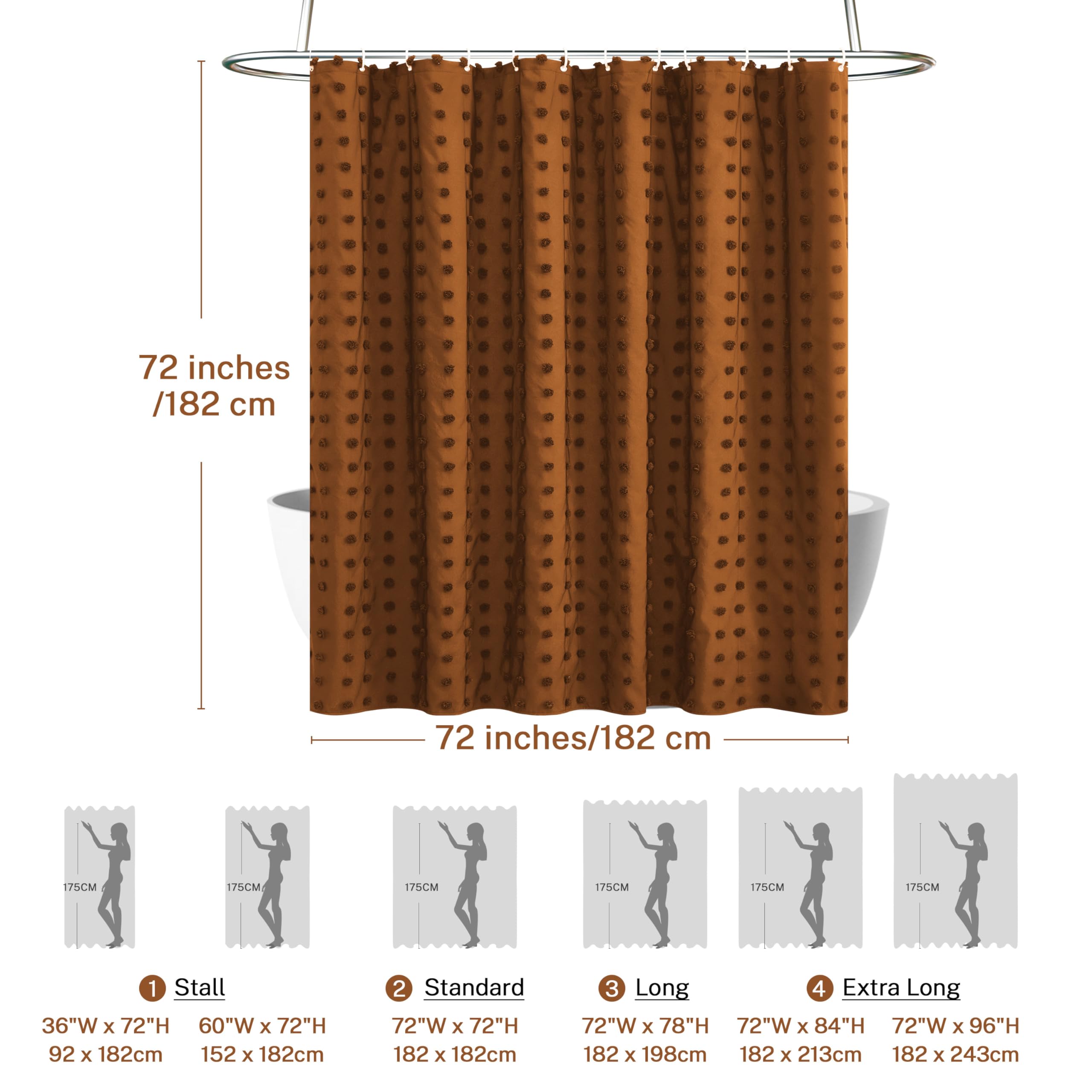 Boho Farmhouse Pumpkin Orange Shower Curtain Woven Fabric Shower Curtain, 72 X 72 Tufted Pleat Floral Puffs Textured Modern Farm