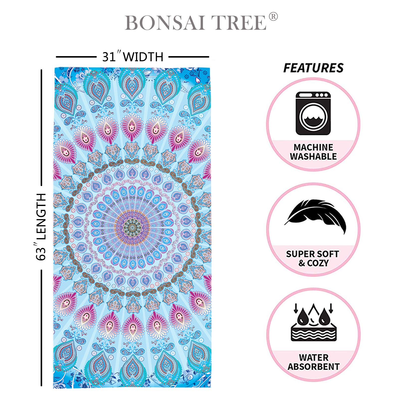 Bonsai Tree Mandala Beach Towel, Indian Hippie Boho Microfiber Bath Towel For Women, Bohemian Blue Sand Free Quick Dry Travel To