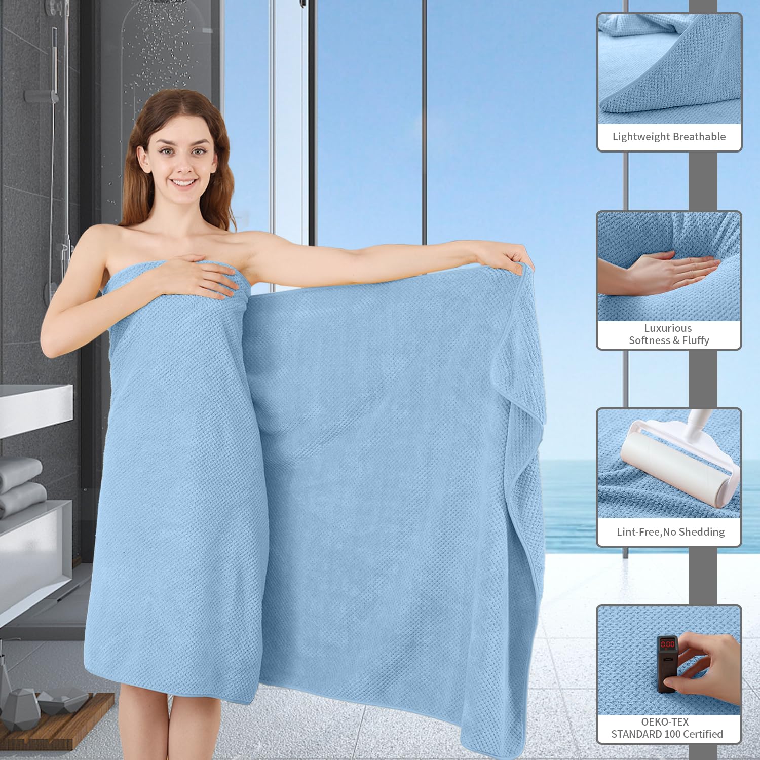 8 Piece Bathroom Towel Set Blue |2 Oversized Large Bath Towels Sheet,2 Hand Towels And 4 Washcloths| 600Gsm Ultra Soft Luxury Pr