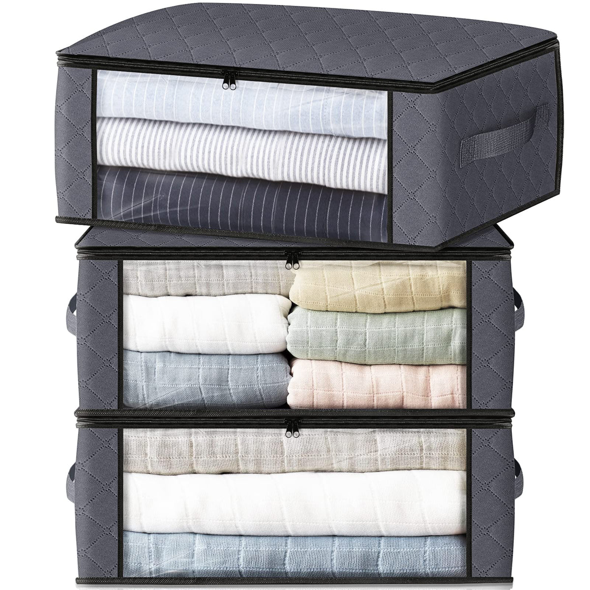 HomeHacks Storage 3-Pack Clothes Organizer Storage Bags Foldable Storage Box with Large Clear Window Sturdy Handles for Closet,
