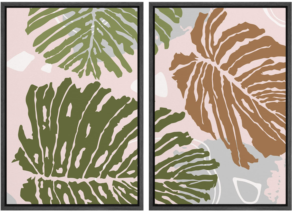 Signford Framed Canvas Print Wall Art Set Mid-Century Tropical Jungle Leaf Collage Abstract Shapes Illustrations Modern Art Deco