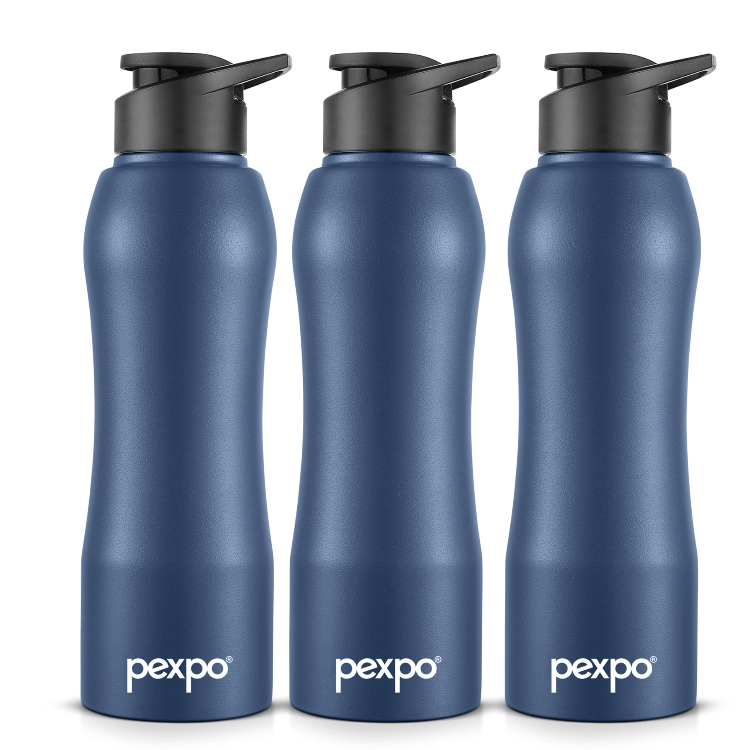 Pexpo Bistro Isi Certified Stainless Steel Fridge/Sports Sipper Water Bottle 1 Litre, Denim Blue, Pack Of 3|Single Wall|Easy Gri