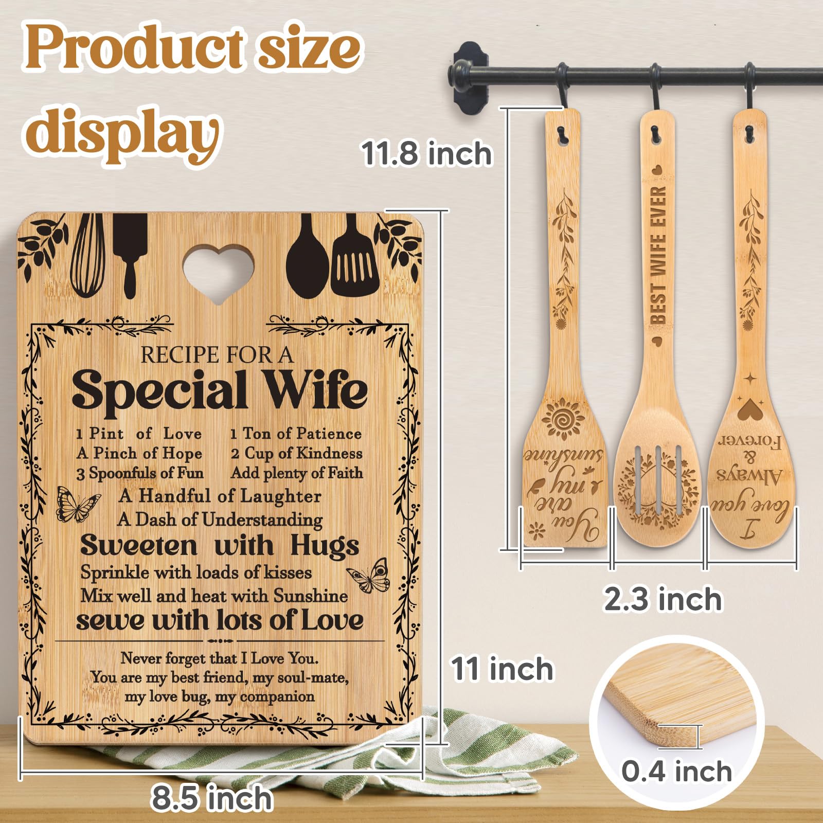 Wife Christmas Gift Ideas -  Recipe for a Special Wife  Christmas Gifts for Wife Cutting Board Set, Bamboo-Made Engraved Utensil