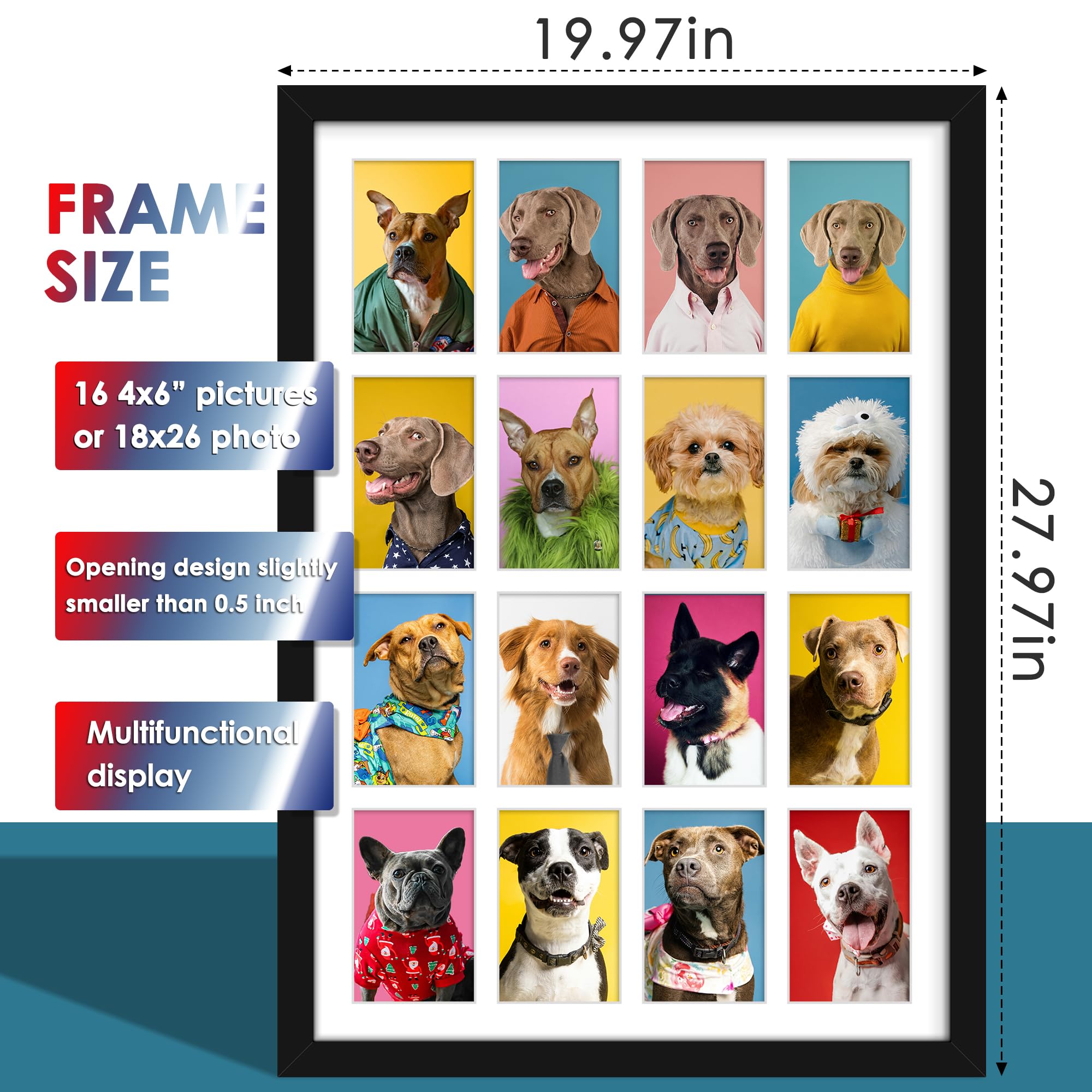 DUENPY 18x26 Collage Picture Frames Display Sixteen 4x6 Picture Collage Wall Decor Wall Hanging or Tabletop Black