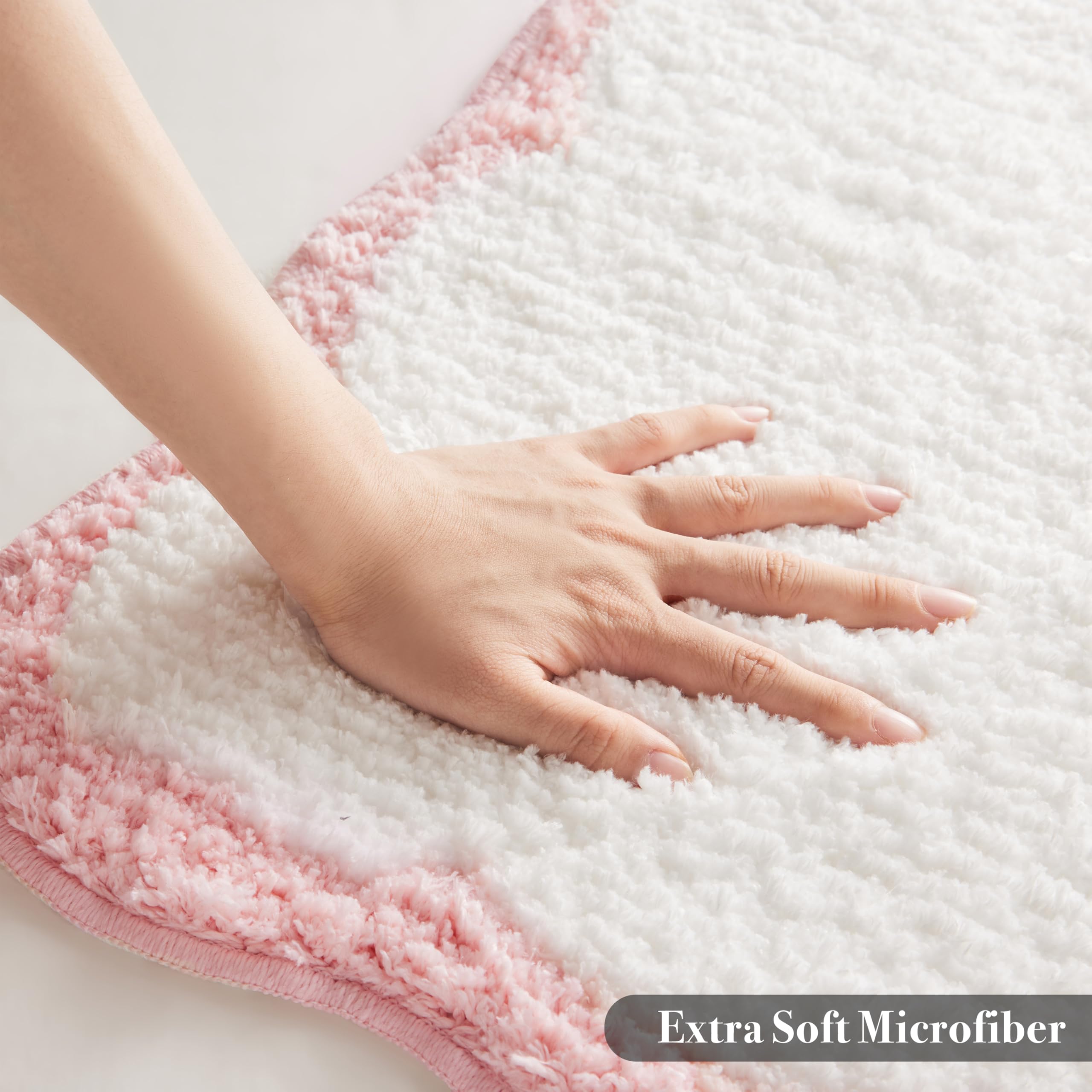 Ohocut Luxury Microfiber Scalloped Runner Rug, White Bath Rug With Pink Scalloped Piping Cute Aesthetic Bath Mat For Bathroom, T