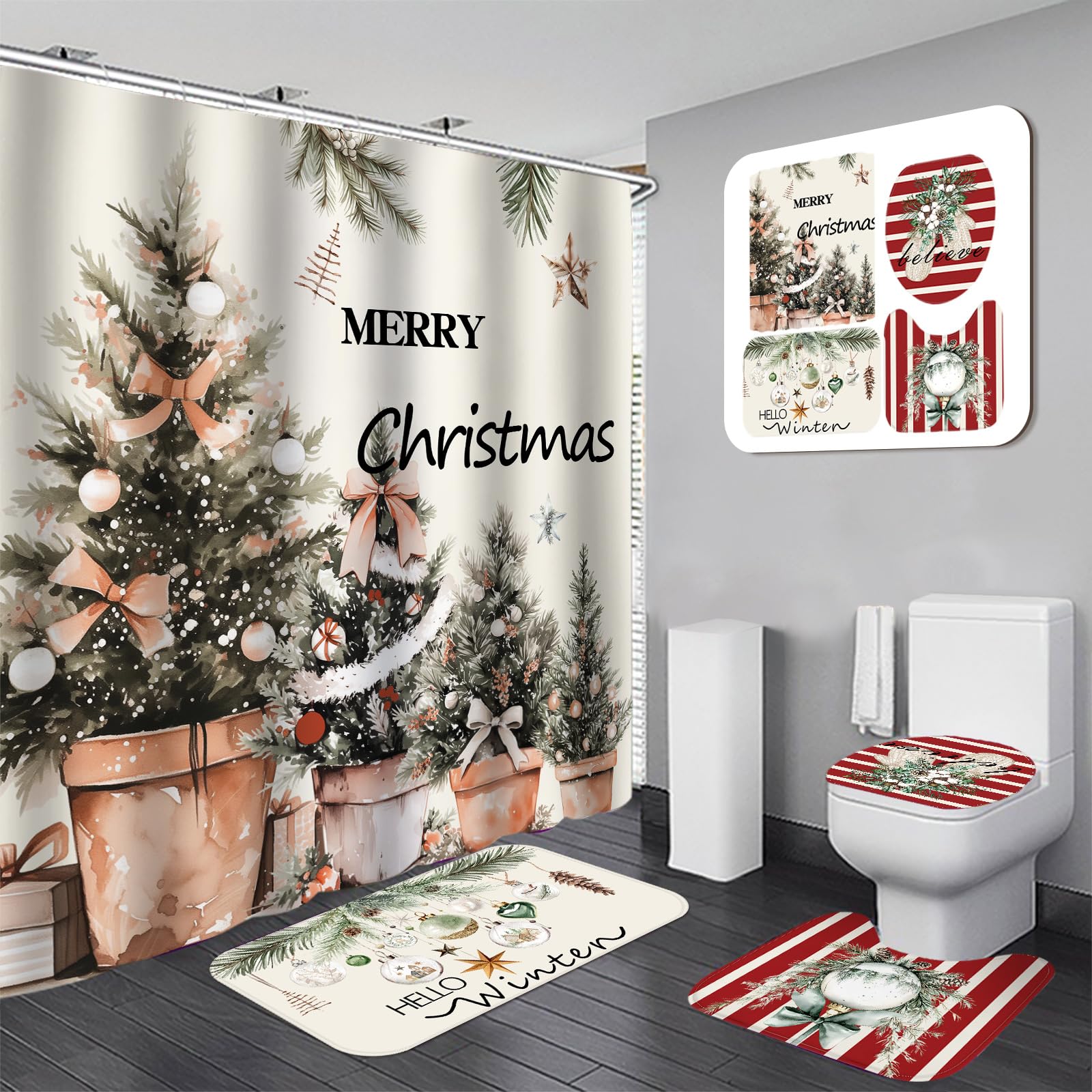 Drydiet 4 Pcs Christmas Shower Curtain Set Bathroom Non Slip Rugs Toilet Lid Cover Mat Shower Curtain For Xmas Home Decor(Cozy C