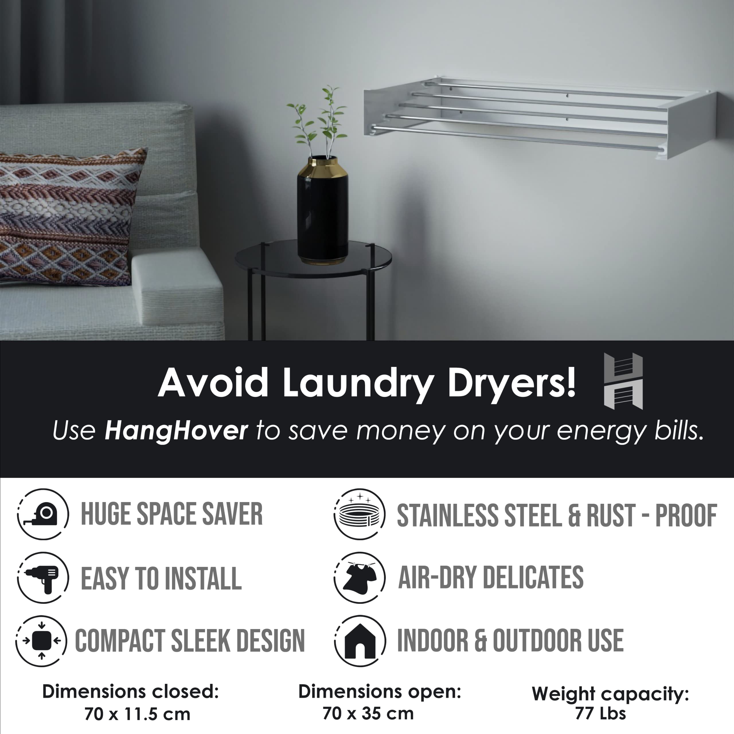 TCO ADVENTURES Clothes Laundry Drying Rack 27'' Wide - Medium  an Elegant Wall-Mounted Hanger  Folding Stainless Steel Collapsible Space Saver with 138-inch Drying Capacity (Medium  Signal White)