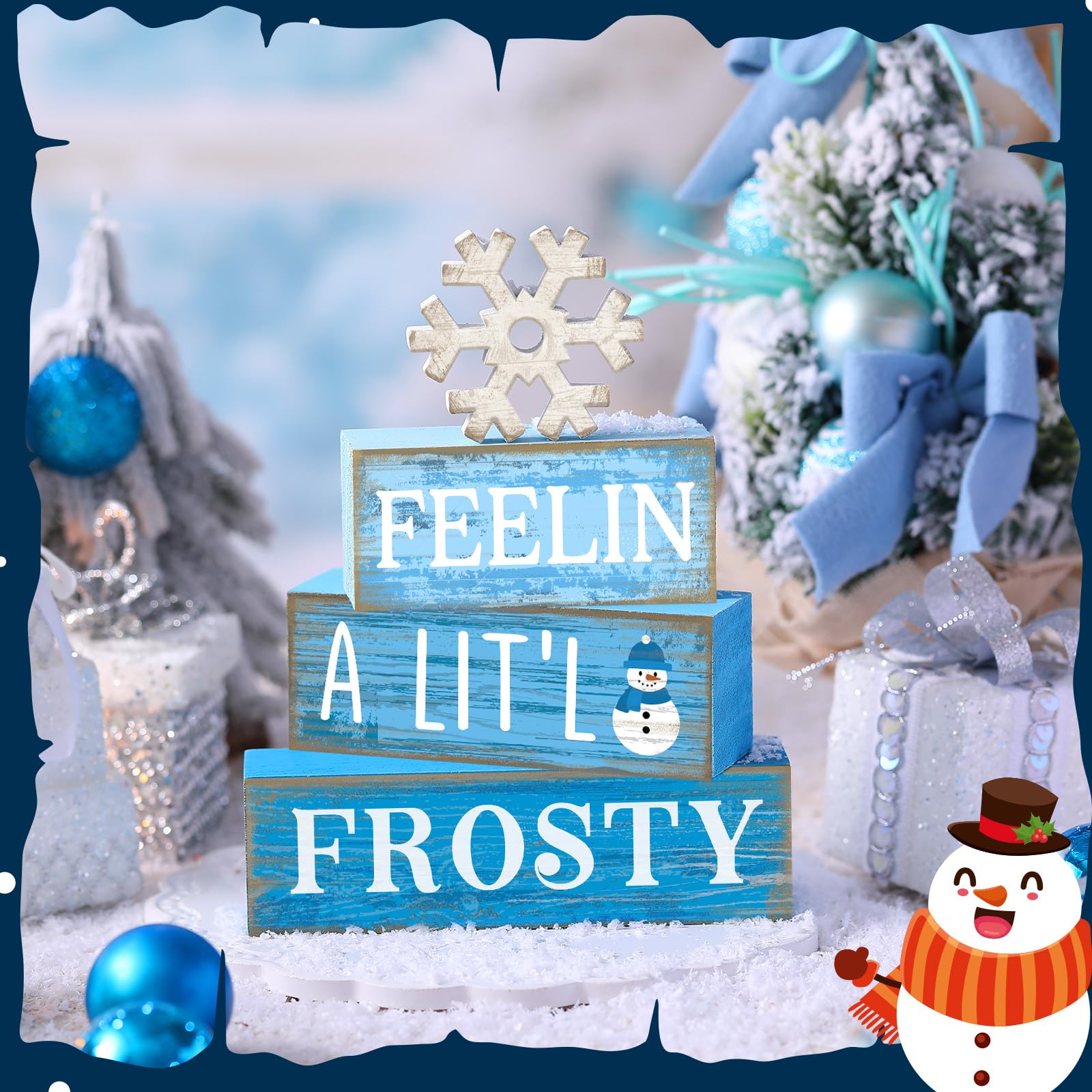 Yuntau 4 Pcs Winter Wooden Tabletop Decor Christmas Snowflake Tiered Tray Decor Rustic Wood Block Sign Gift Winter Centerpiece f